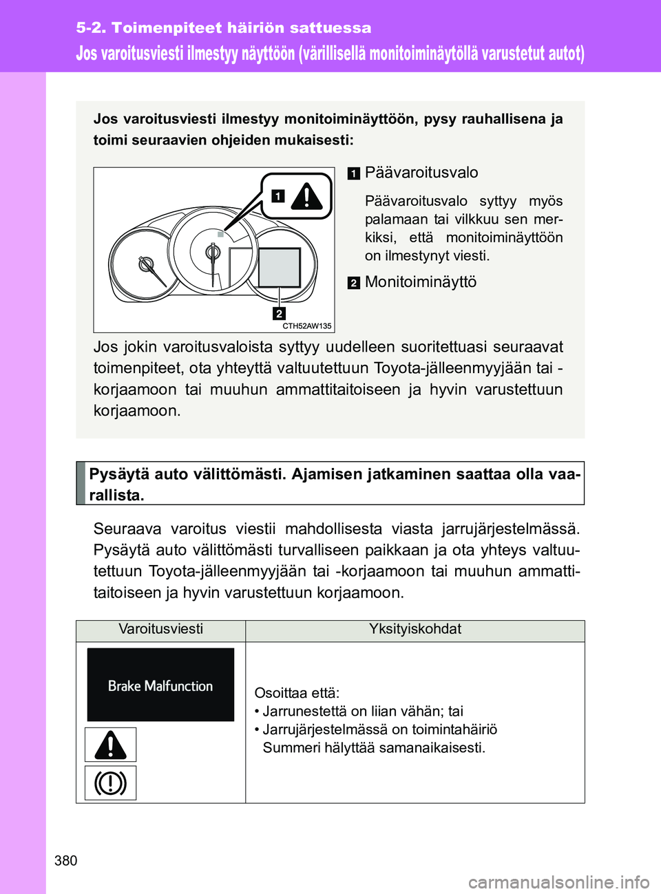 TOYOTA GT86 2017 Omistajan Käsikirja (in Finnish) 380
5-2. Toimenpiteet häiriön sattuessa
OM18071FI
Jos varoitusviesti ilmestyy näyttöön (värillisellä monitoiminäytöllä varustetut autot)
Pysäytä auto välittömästi. Ajamisen jatkaminen s TOYOTA GT86 2017 Omistajan Käsikirja (in Finnish) 380
5-2. Toimenpiteet häiriön sattuessa
OM18071FI
Jos varoitusviesti ilmestyy näyttöön (värillisellä monitoiminäytöllä varustetut autot)
Pysäytä auto välittömästi. Ajamisen jatkaminen s