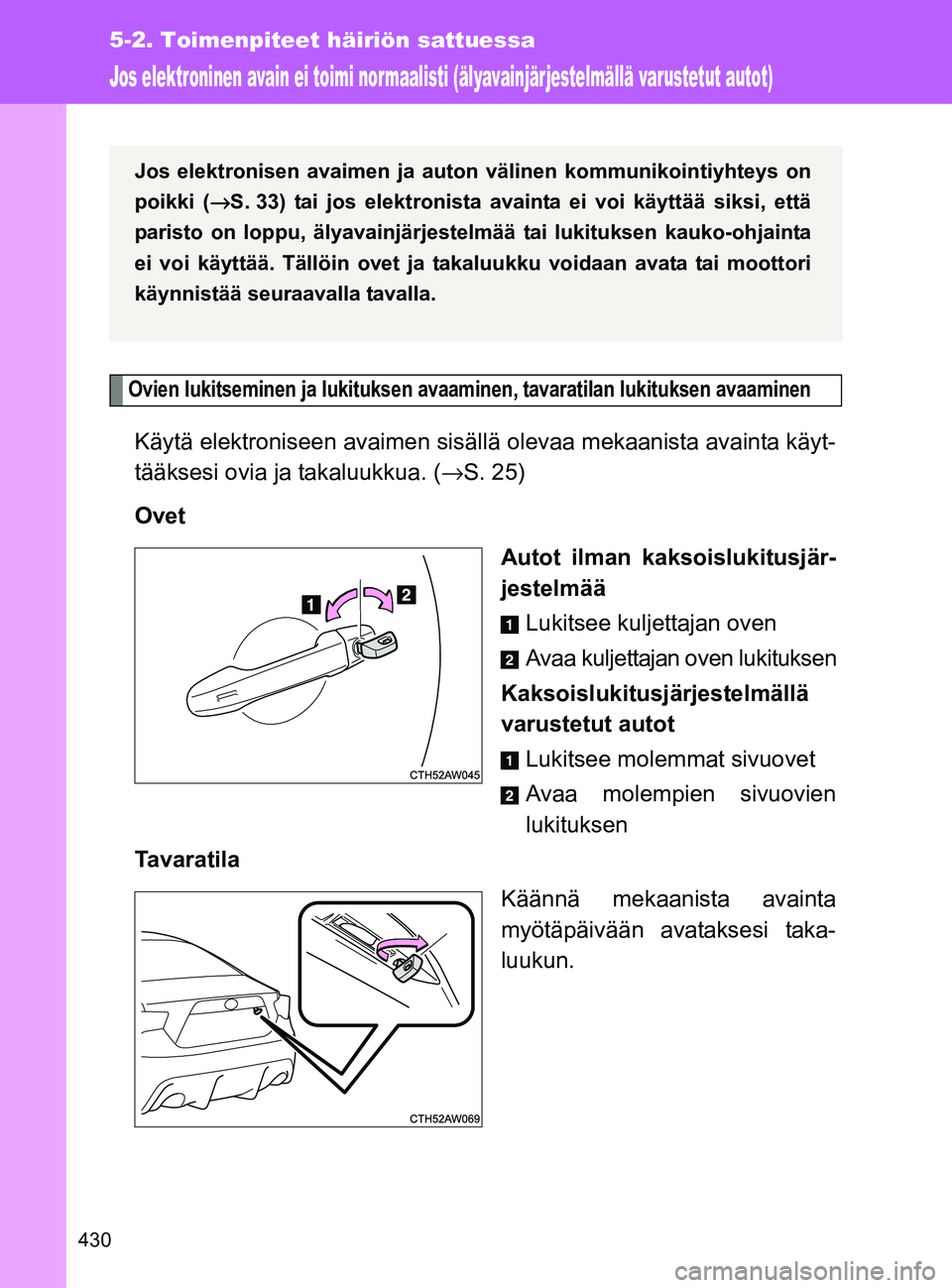 TOYOTA GT86 2017 Omistajan Käsikirja (in Finnish) 430
5-2. Toimenpiteet häiriön sattuessa
OM18071FI
Jos elektroninen avain ei toimi nor maalisti (älyavainjär jestelmällä varustetut autot)
Ovien lukitseminen ja lukituksen avaaminen, tavaratilan TOYOTA GT86 2017 Omistajan Käsikirja (in Finnish) 430
5-2. Toimenpiteet häiriön sattuessa
OM18071FI
Jos elektroninen avain ei toimi nor maalisti (älyavainjär jestelmällä varustetut autot)
Ovien lukitseminen ja lukituksen avaaminen, tavaratilan