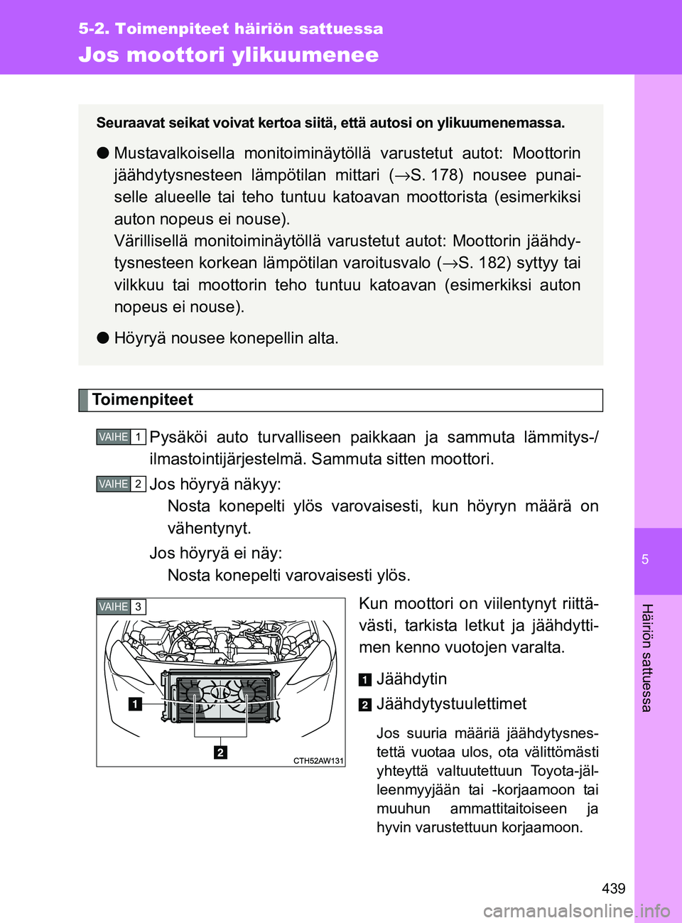 TOYOTA GT86 2017  Omistajan Käsikirja (in Finnish) 5
439
5-2. Toimenpiteet häiriön sattuessa
Häiriön sattuessa
OM18071FI
Jos moottori ylikuumenee
To i m e n p i t e e tPysäköi auto turvalliseen paik kaan ja sammuta lämmitys-/
ilmastointijärjes