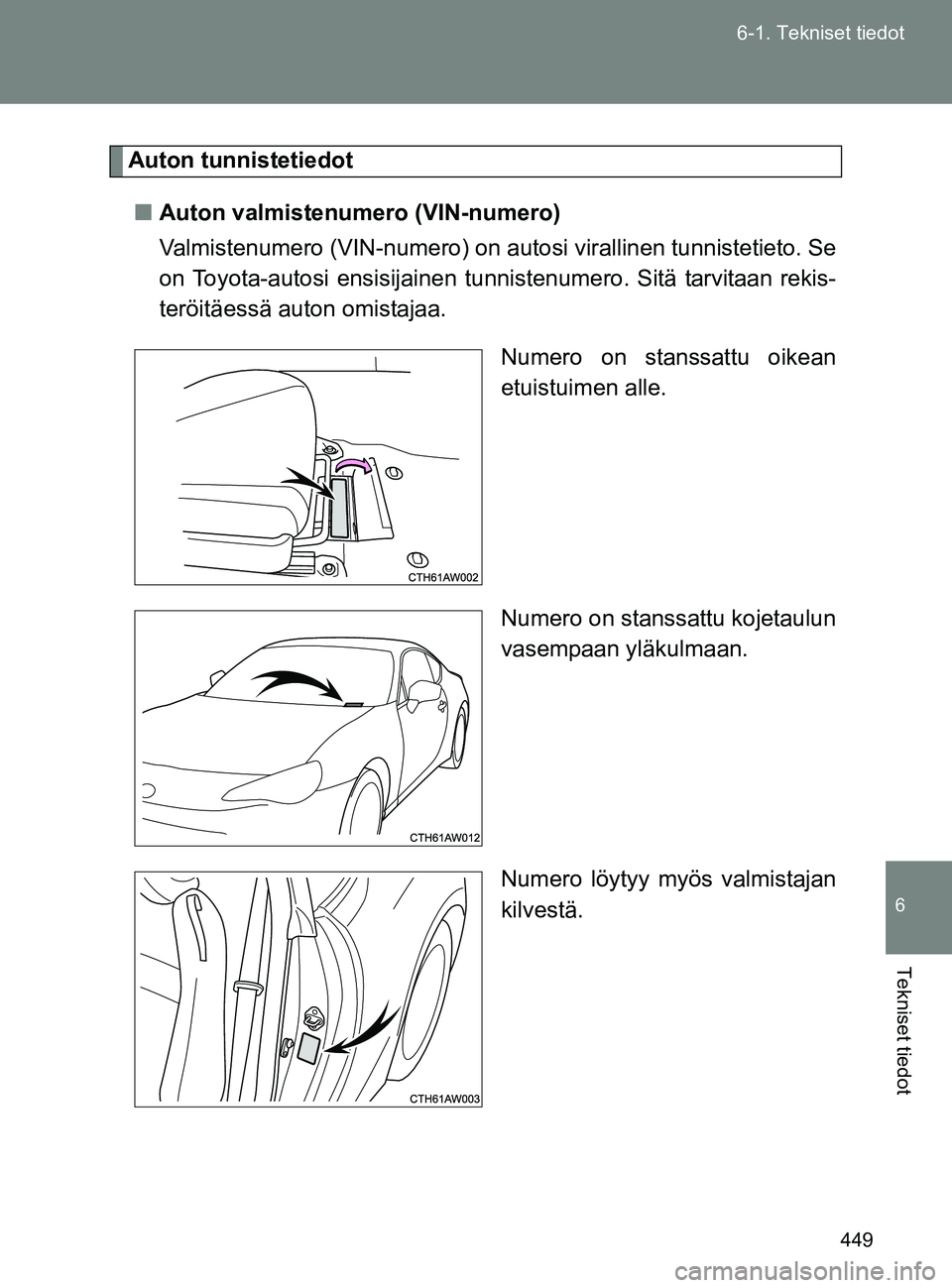 TOYOTA GT86 2017  Omistajan Käsikirja (in Finnish) 449
6-1. Tekniset tiedot
6
Tekniset tiedot
OM18071FI
Auton tunnistetiedot
■ Auton valmistenume ro (VIN-numero)
Valmistenumero (VIN-numero) on au tosi virallinen tunnistetieto. Se
on Toyota-autosi en