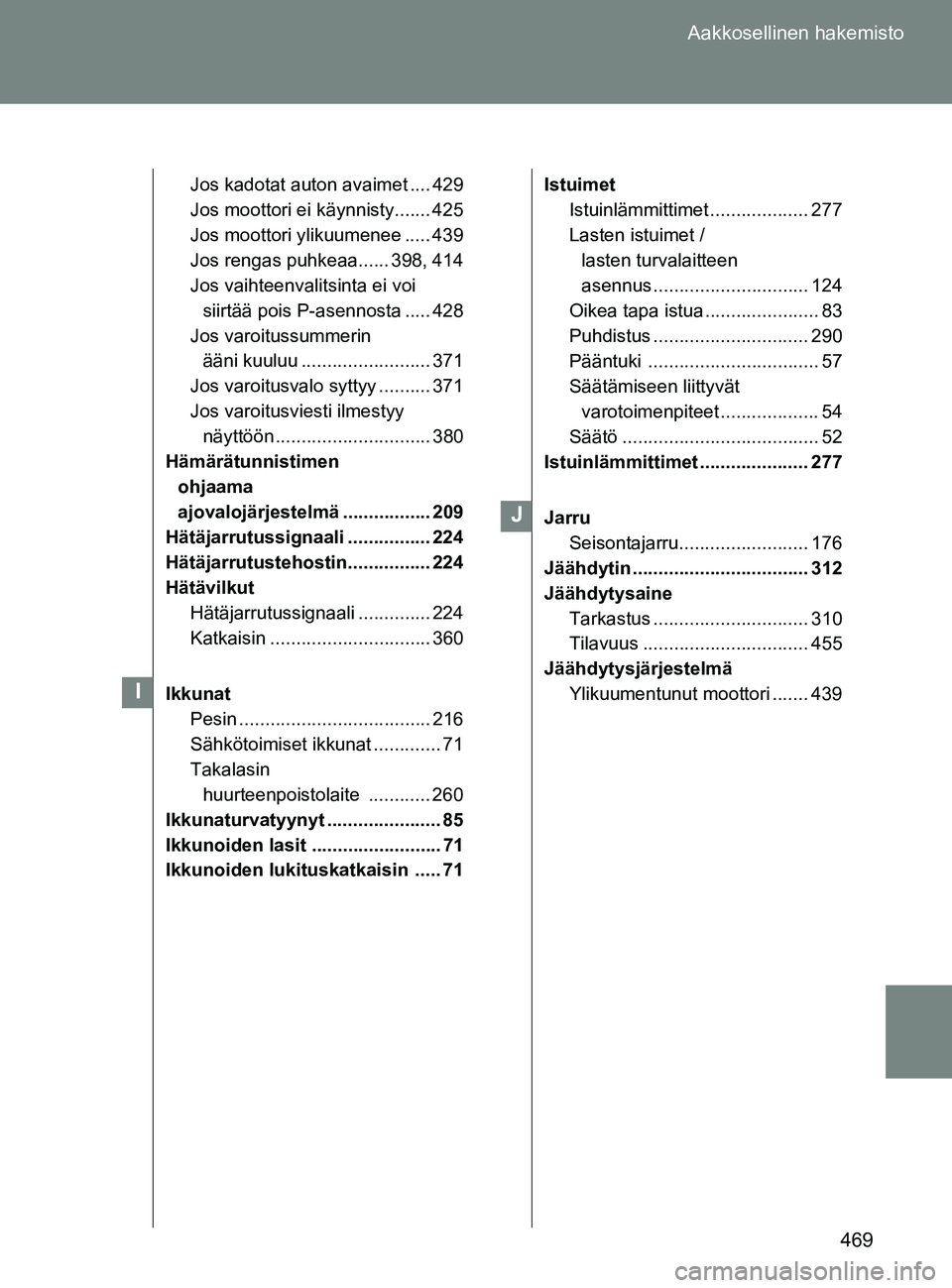 TOYOTA GT86 2017  Omistajan Käsikirja (in Finnish) 469
Aakkosellinen hakemisto
OM18071FI
Jos kadotat auton avaimet .... 429
Jos moottori ei käynnisty....... 425
Jos moottori ylikuumenee ..... 439
Jos rengas puhkeaa...... 398, 414
Jos vaihteenvalitsin