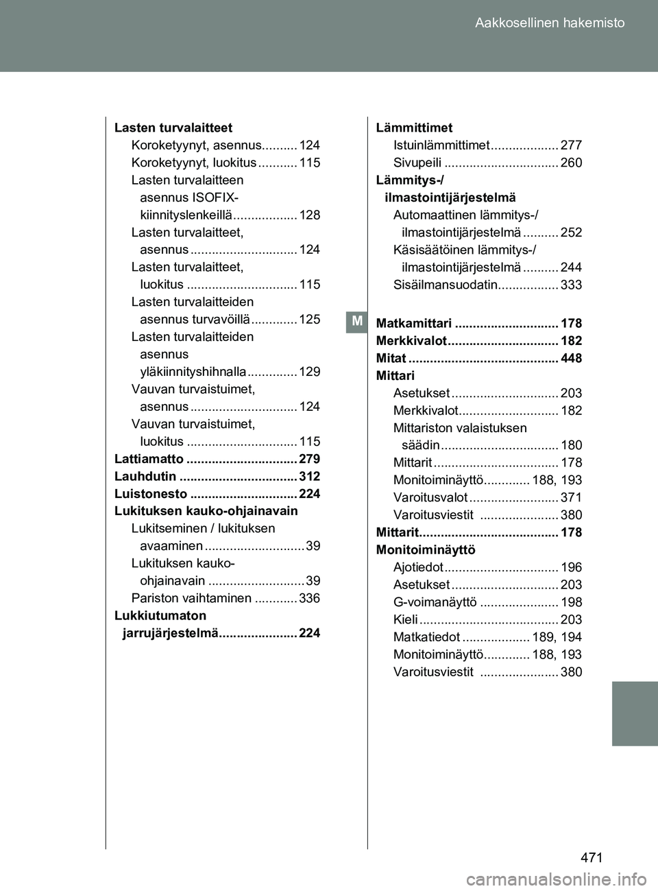 TOYOTA GT86 2017  Omistajan Käsikirja (in Finnish) 471
Aakkosellinen hakemisto
OM18071FI
Lasten turvalaitteet
Koroketyynyt, asennus.......... 124
Koroketyynyt, luokitus ........... 115
Lasten turvalaitteen asennus ISOFIX-
kiinnityslenkeillä .........