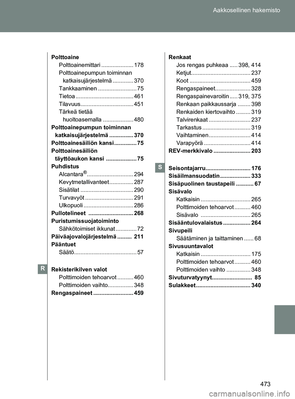 TOYOTA GT86 2017  Omistajan Käsikirja (in Finnish) 473
Aakkosellinen hakemisto
OM18071FI
Polttoaine
Polttoainemittari .................... 178
Polttoainepumpun toiminnan 
katkaisujärjestelmä ............. 370
Tankkaaminen ........................ 75