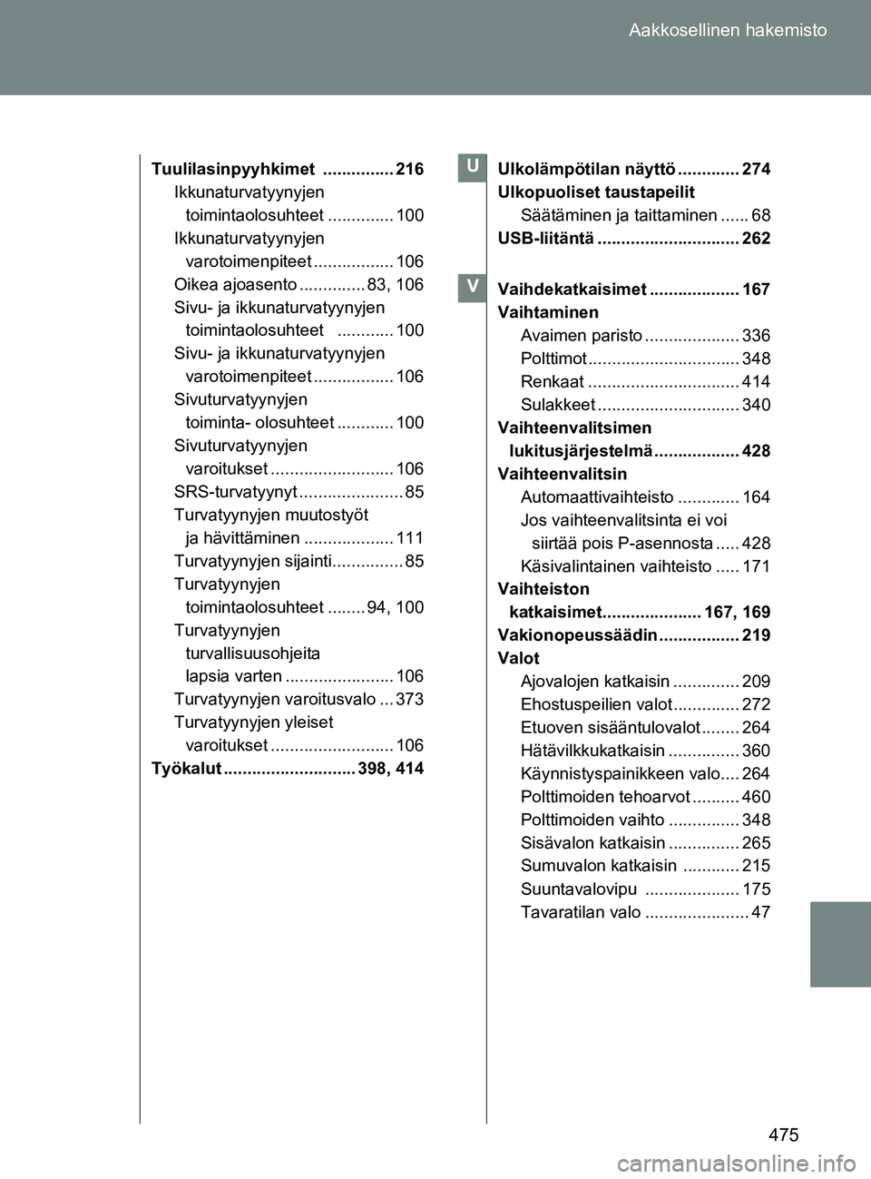TOYOTA GT86 2017  Omistajan Käsikirja (in Finnish) 475
Aakkosellinen hakemisto
OM18071FI
Tuulilasinpyyhkimet ............... 216
Ikkunaturvatyynyjen 
toimintaolosuhteet .............. 100
Ikkunaturvatyynyjen  varotoimenpiteet ................. 106
Oik