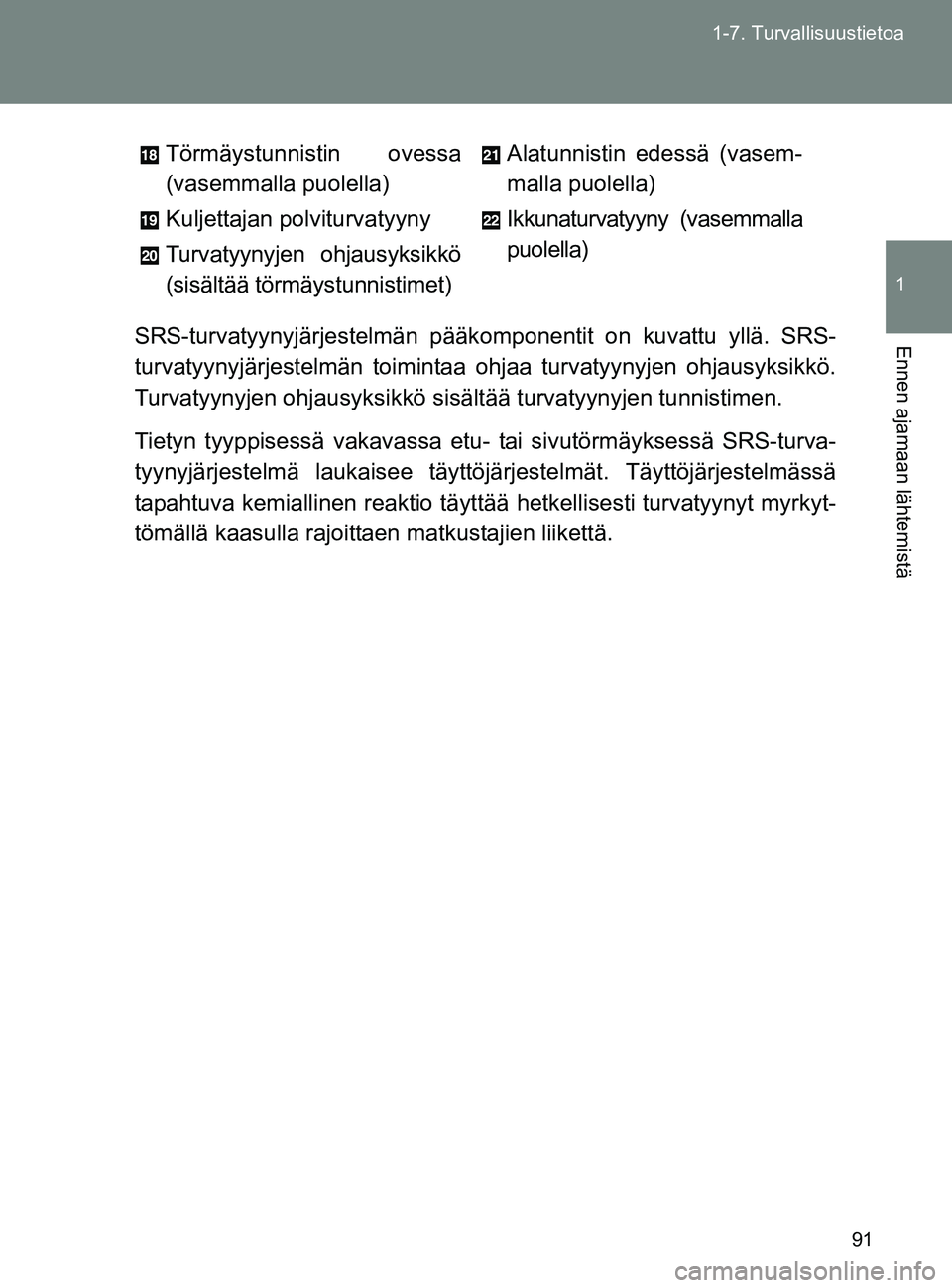 TOYOTA GT86 2017 Omistajan Käsikirja (in Finnish) 91
1-7. Turvallisuustietoa
1
Ennen ajamaan lähtemistä
OM18071FI
SRS-turvatyynyjärjestelmän pääk
omponentit on kuvattu yllä. SRS-
turvatyynyjärjestelmän toimintaa ohjaa turvatyynyjen ohjausyk TOYOTA GT86 2017 Omistajan Käsikirja (in Finnish) 91
1-7. Turvallisuustietoa
1
Ennen ajamaan lähtemistä
OM18071FI
SRS-turvatyynyjärjestelmän pääk
omponentit on kuvattu yllä. SRS-
turvatyynyjärjestelmän toimintaa ohjaa turvatyynyjen ohjausyk