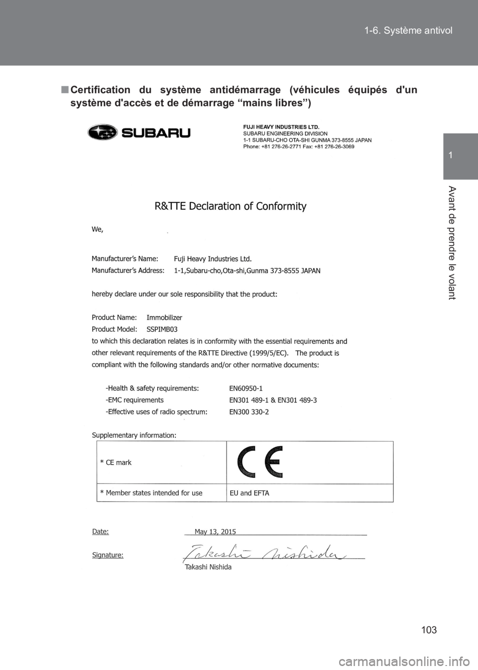 TOYOTA GT86 2017  Notices Demploi (in French) 103
1-6. Système antivol
1
Avant de prendre le volant
86_EK (OM18073K)
■
Certification du système antidé marrage (véhicules équipés dun
système daccès et de démarrage “mains libres”) 