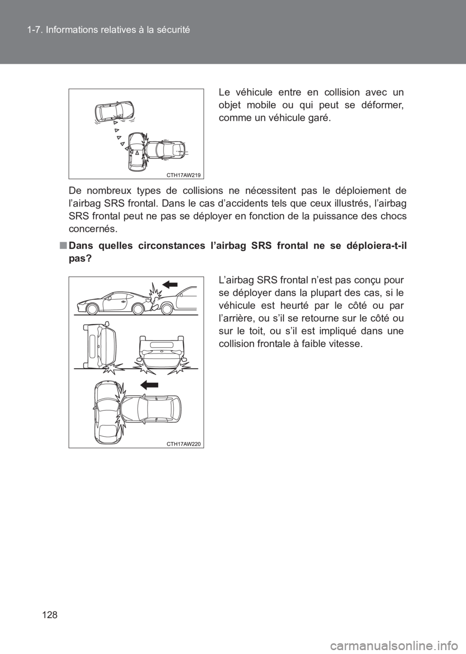 TOYOTA GT86 2017 Notices Demploi (in French) 128
1-7. Informations relatives à la sécurité
86_EK (OM18073K)
De nombreux types de collisions ne nécessitent pas le déploiement de
l’airbag SRS frontal. Dans le cas d’accidents tels que ceux TOYOTA GT86 2017 Notices Demploi (in French) 128
1-7. Informations relatives à la sécurité
86_EK (OM18073K)
De nombreux types de collisions ne nécessitent pas le déploiement de
l’airbag SRS frontal. Dans le cas d’accidents tels que ceux
