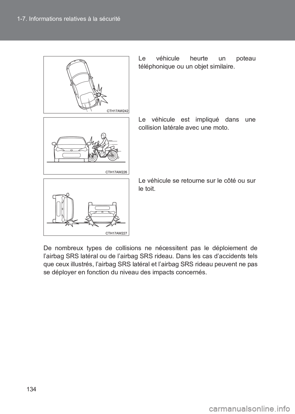 TOYOTA GT86 2017 Notices Demploi (in French) 134
1-7. Informations relatives à la sécurité
86_EK (OM18073K)
De nombreux types de collisions ne nécessitent pas le déploiement de
l’airbag SRS latéral ou de l’airbag SRS rideau. Dans les c TOYOTA GT86 2017 Notices Demploi (in French) 134
1-7. Informations relatives à la sécurité
86_EK (OM18073K)
De nombreux types de collisions ne nécessitent pas le déploiement de
l’airbag SRS latéral ou de l’airbag SRS rideau. Dans les c