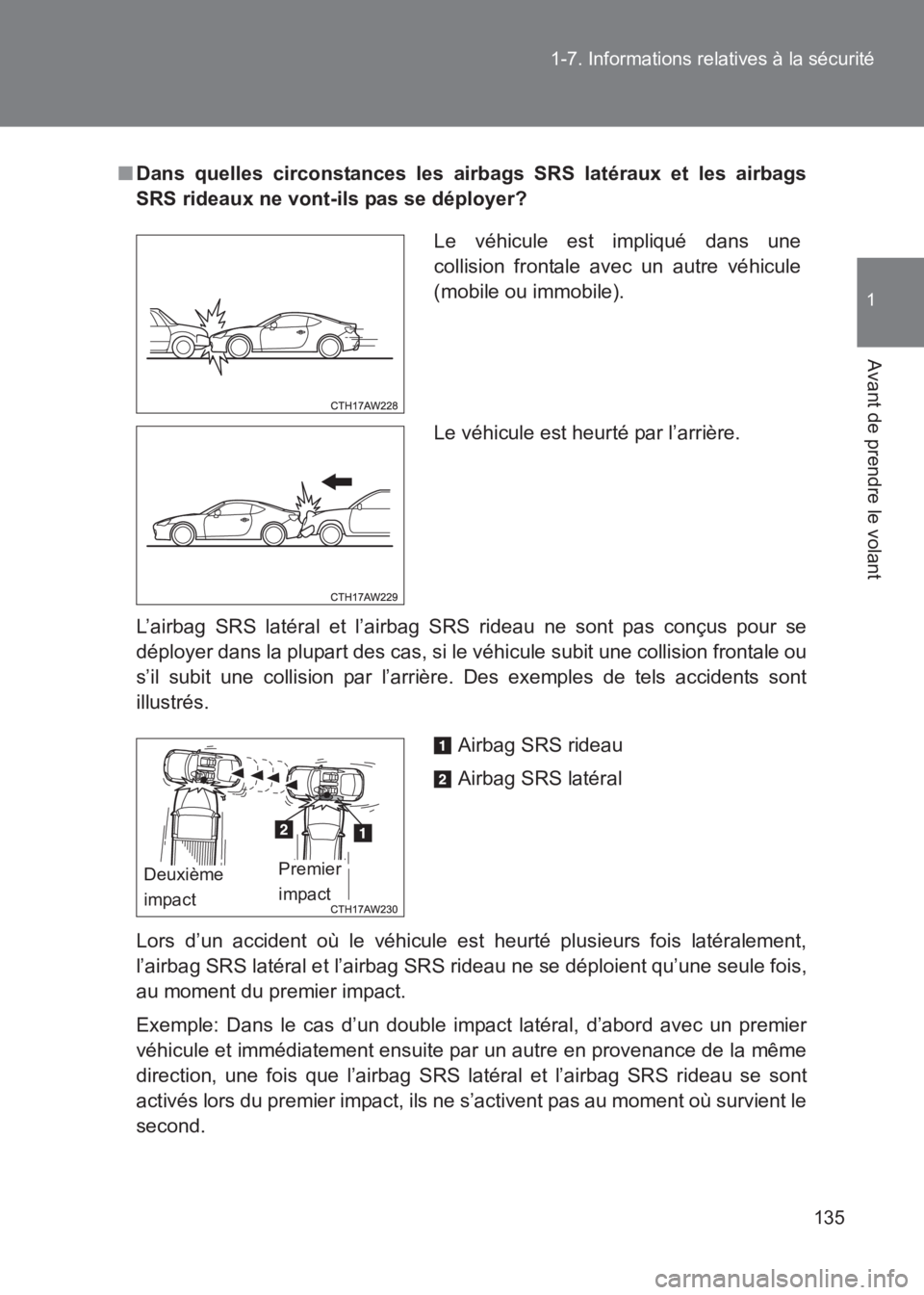 TOYOTA GT86 2017 Notices Demploi (in French) 135
1-7. Informations relatives à la sécurité
1
Avant de prendre le volant
86_EK (OM18073K)
■
Dans quelles circonstances les airbags SRS latéraux et les airbags
SRS rideaux ne vont-ils pas se d TOYOTA GT86 2017 Notices Demploi (in French) 135
1-7. Informations relatives à la sécurité
1
Avant de prendre le volant
86_EK (OM18073K)
■
Dans quelles circonstances les airbags SRS latéraux et les airbags
SRS rideaux ne vont-ils pas se d