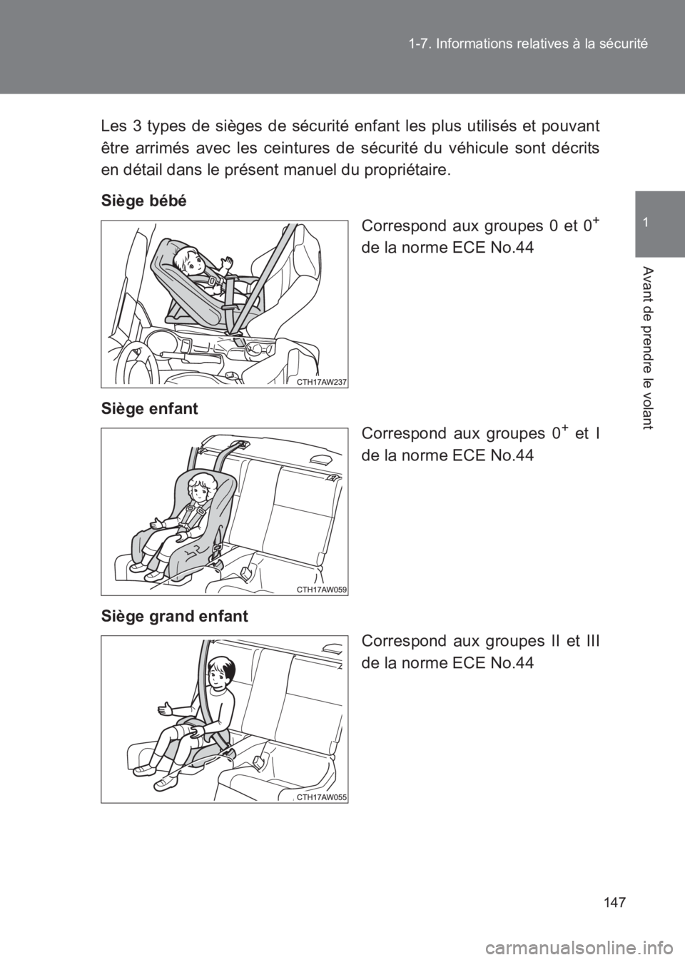 TOYOTA GT86 2017 Notices Demploi (in French) 147
1-7. Informations relatives à la sécurité
1
Avant de prendre le volant
86_EK (OM18073K)
Les 3 types de sièges de sécurité enfant les plus utilisés et pouvant
être arrimés avec les ceintur TOYOTA GT86 2017 Notices Demploi (in French) 147
1-7. Informations relatives à la sécurité
1
Avant de prendre le volant
86_EK (OM18073K)
Les 3 types de sièges de sécurité enfant les plus utilisés et pouvant
être arrimés avec les ceintur