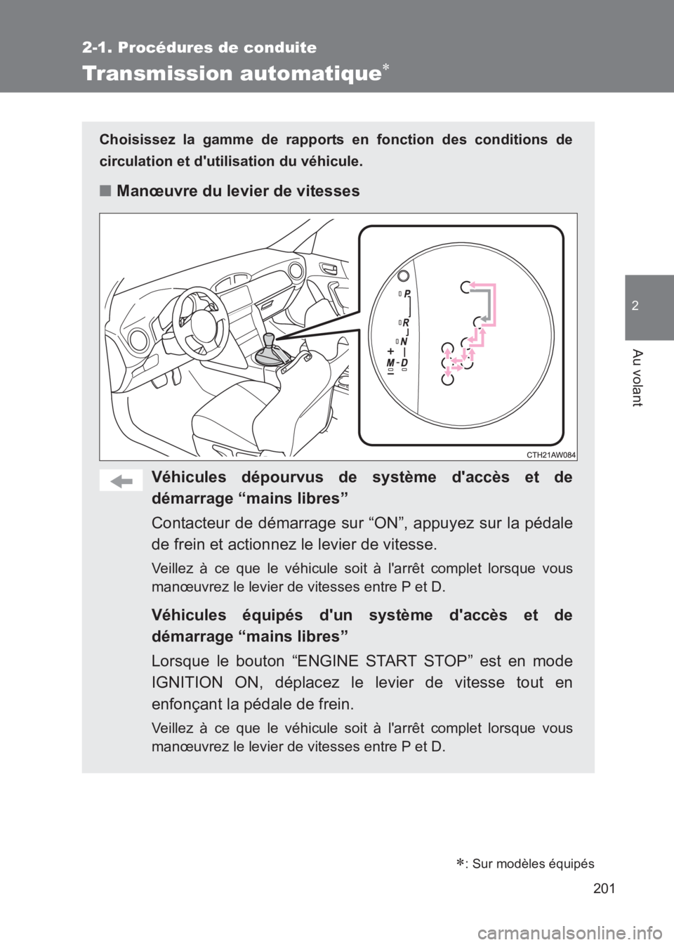 TOYOTA GT86 2017  Notices Demploi (in French) 201
2-1. Procédures de conduite
2
Au volant
86_EK (OM18073K)
Transmission automatique∗
Choisissez la gamme de rapports en fonction des conditions de
circulation et dutilisation du véhicule.
■Ma
