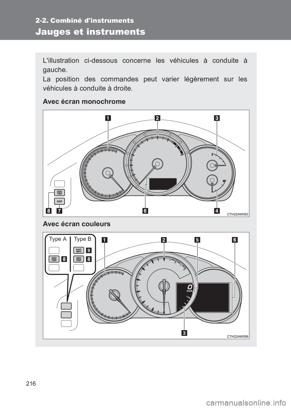 TOYOTA GT86 2017  Notices Demploi (in French) 216
86_EK (OM18073K)
2-2. Combiné dinstruments
Jauges et instruments
Lillustration ci-dessous concerne les véhicules à conduite à
gauche. 
La position des commandes peut varier légèrement sur 