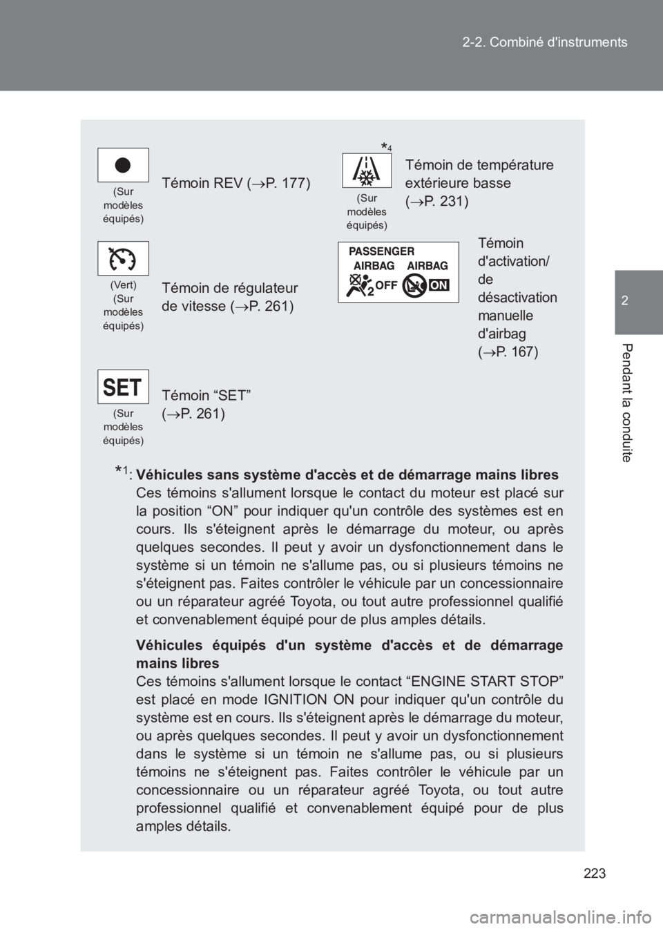 TOYOTA GT86 2017 Notices Demploi (in French) 223
2-2. Combiné dinstruments
2
Pendant la conduite
86_EK (OM18073K)
*1:
Véhicules sans système daccès et de démarrage mains libres
Ces témoins sallument lorsque le contact du moteur est plac TOYOTA GT86 2017 Notices Demploi (in French) 223
2-2. Combiné dinstruments
2
Pendant la conduite
86_EK (OM18073K)
*1:
Véhicules sans système daccès et de démarrage mains libres
Ces témoins sallument lorsque le contact du moteur est plac