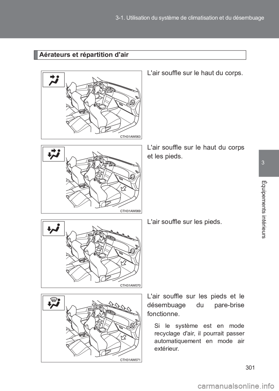 TOYOTA GT86 2017 Notices Demploi (in French) 301
3-1. Utilisation du système de climatisation et du désembuage
3
Équipements intérieurs
86_EK (OM18073K)
Aérateurs et répartition dairLair souffle sur le haut du corps.
Lair souffle sur le TOYOTA GT86 2017 Notices Demploi (in French) 301
3-1. Utilisation du système de climatisation et du désembuage
3
Équipements intérieurs
86_EK (OM18073K)
Aérateurs et répartition dairLair souffle sur le haut du corps.
Lair souffle sur le