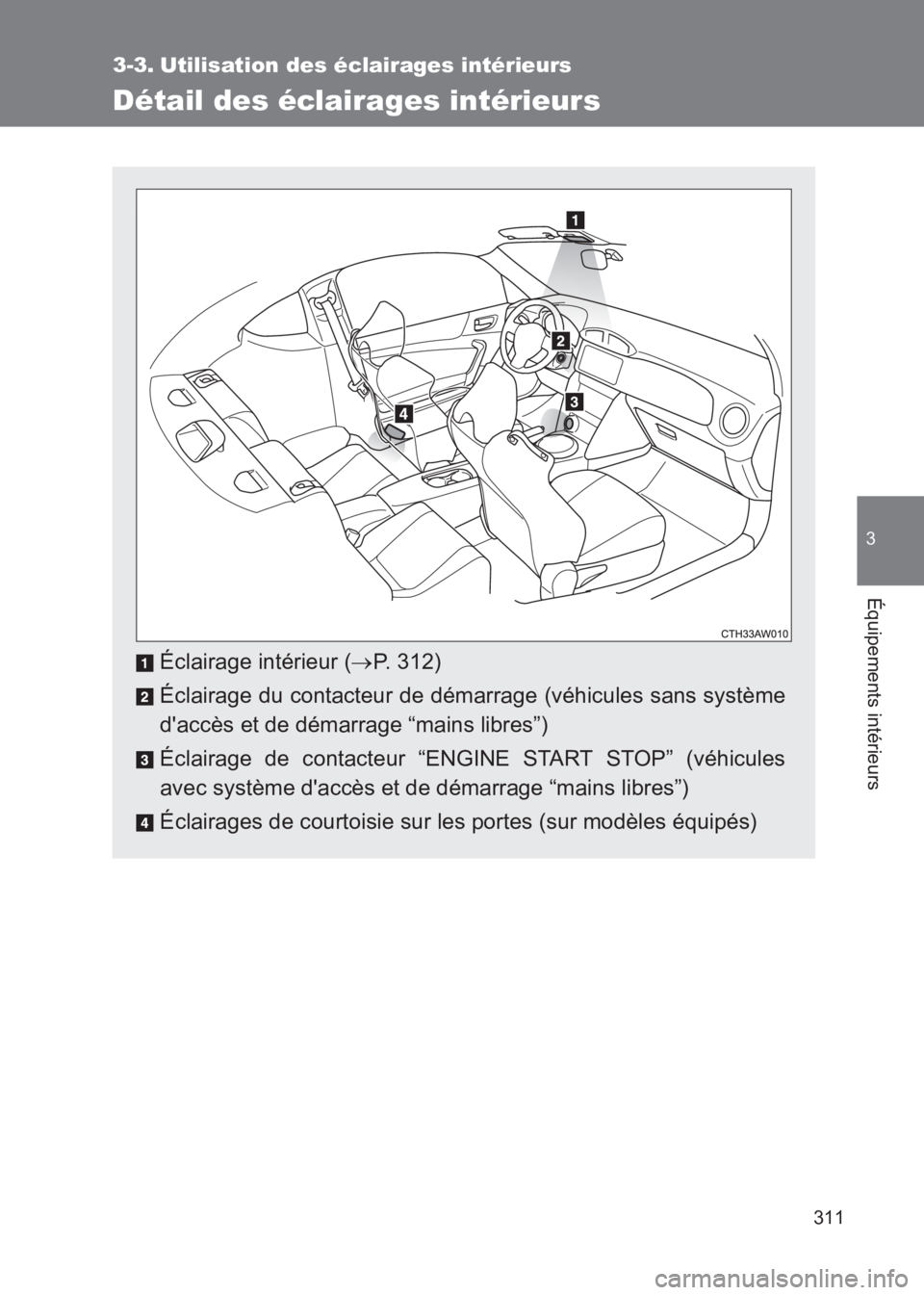 TOYOTA GT86 2017  Notices Demploi (in French) 311
3
Équipements intérieurs
86_EK (OM18073K)
3-3. Utilisation des éclairages intérieurs
Détail des éclairages intérieurs
Éclairage intérieur (→P. 312)
Éclairage du contacteur de démarrag