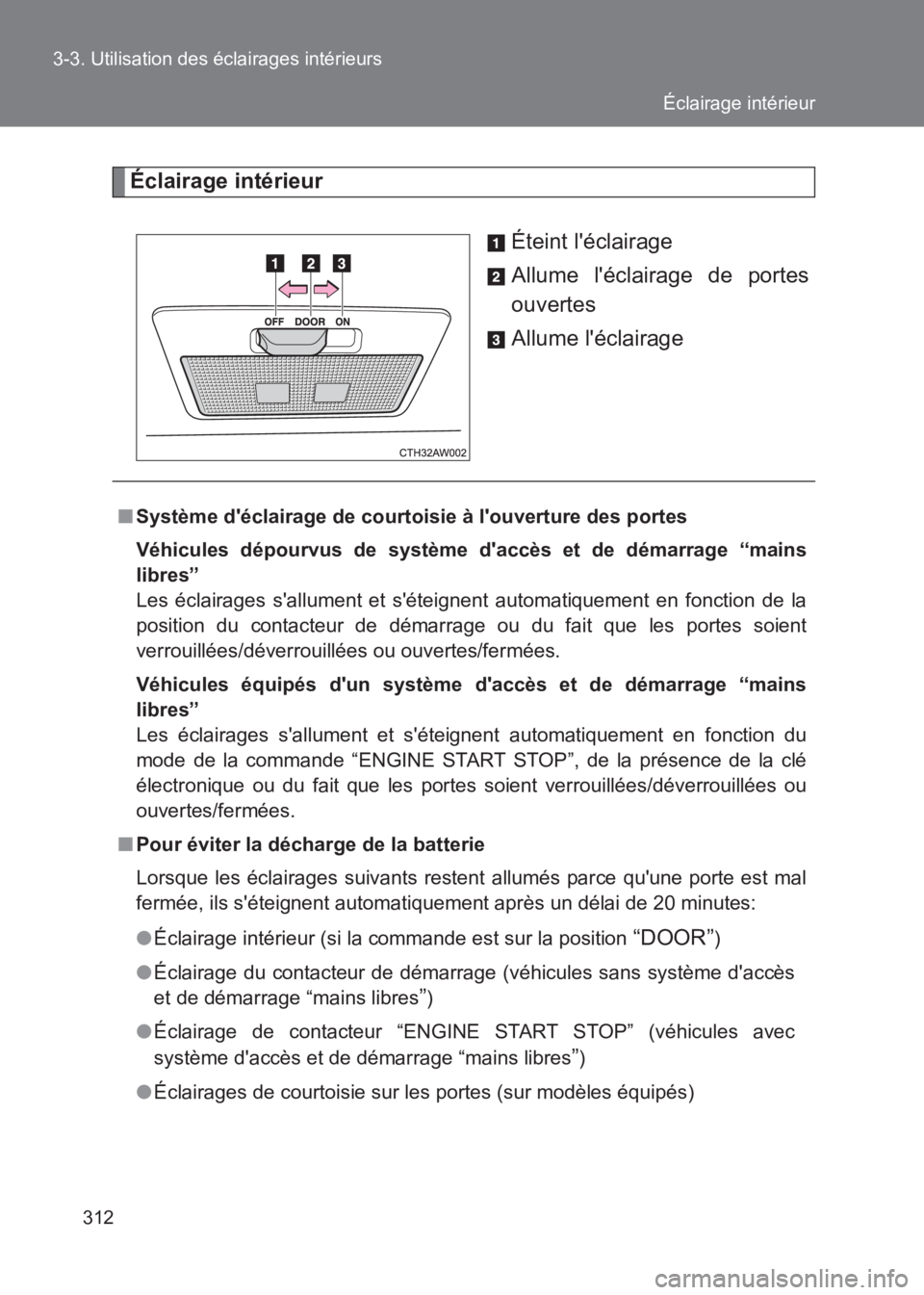 TOYOTA GT86 2017 Notices Demploi (in French) 312
3-3. Utilisation des éclairages intérieurs
86_EK (OM18073K)
Éclairage intérieur
Éteint léclairage
Allume léclairage de portes
ouvertes
Allume léclairage
■Système déclairage de cour TOYOTA GT86 2017 Notices Demploi (in French) 312
3-3. Utilisation des éclairages intérieurs
86_EK (OM18073K)
Éclairage intérieur
Éteint léclairage
Allume léclairage de portes
ouvertes
Allume léclairage
■Système déclairage de cour