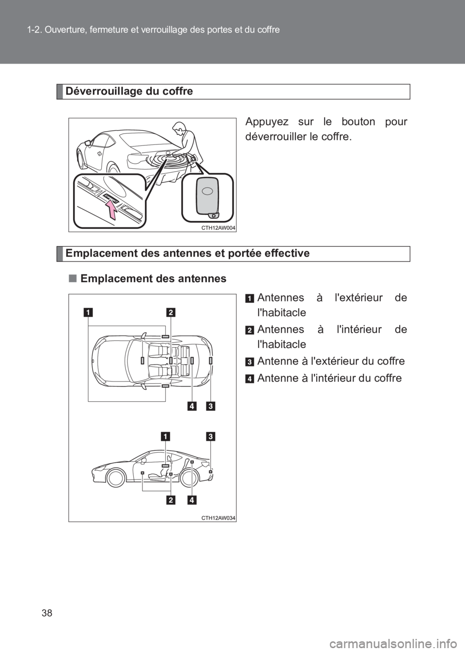 TOYOTA GT86 2017 Notices Demploi (in French) 38
1-2. Ouverture, fermeture et verrouillage des portes et du coffre
86_EK (OM18073K)
Déverrouillage du coffreAppuyez sur le bouton pour
déverrouiller le coffre.
Emplacement des antennes et portée TOYOTA GT86 2017 Notices Demploi (in French) 38
1-2. Ouverture, fermeture et verrouillage des portes et du coffre
86_EK (OM18073K)
Déverrouillage du coffreAppuyez sur le bouton pour
déverrouiller le coffre.
Emplacement des antennes et portée