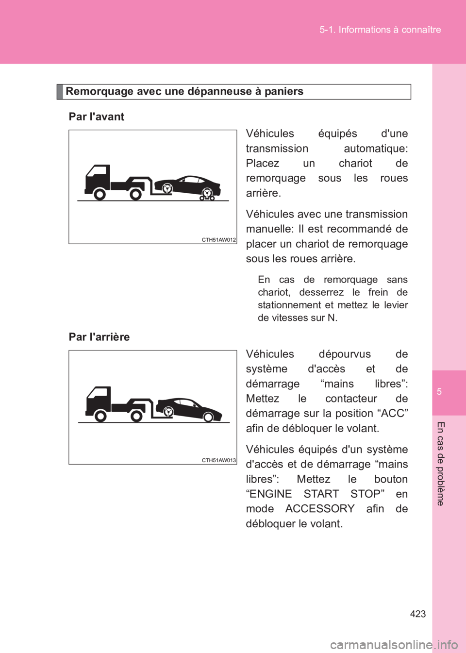 TOYOTA GT86 2017 Notices Demploi (in French) 5
423
5-1. Informations à connaître
En cas de problème
86_EK (OM18073K)
Remorquage avec une dépanneuse à paniers
Par lavant Véhicules équipés dune
transmission automatique:
Placez un chariot TOYOTA GT86 2017 Notices Demploi (in French) 5
423
5-1. Informations à connaître
En cas de problème
86_EK (OM18073K)
Remorquage avec une dépanneuse à paniers
Par lavant Véhicules équipés dune
transmission automatique:
Placez un chariot