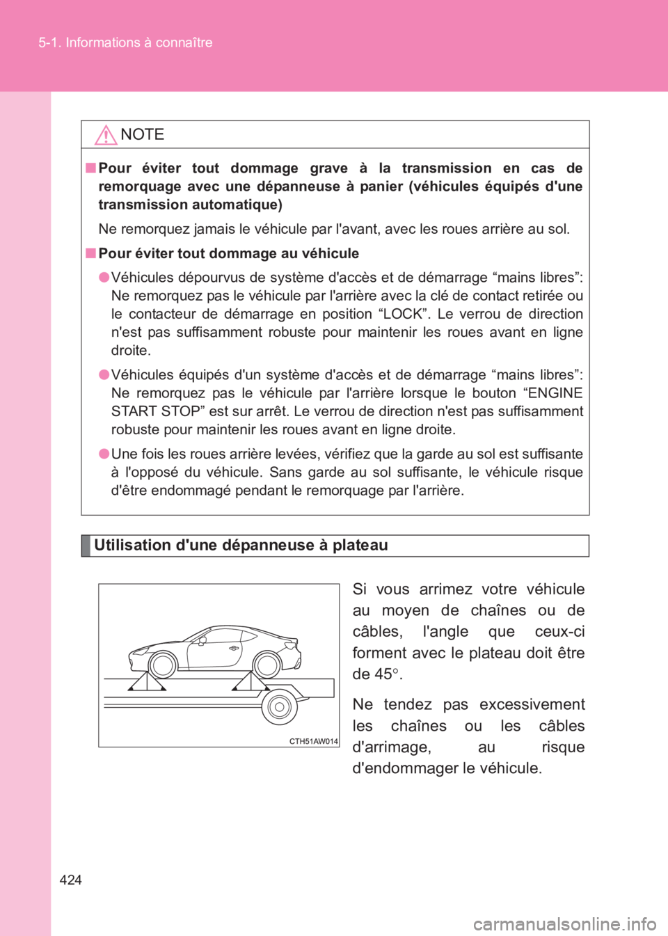 TOYOTA GT86 2017 Notices Demploi (in French) 424
5-1. Informations à connaître
86_EK (OM18073K)
Utilisation dune dépanneuse à plateau
Si vous arrimez votre véhicule
au moyen de chaînes ou de
câbles, langle que ceux-ci
forment avec le pl TOYOTA GT86 2017 Notices Demploi (in French) 424
5-1. Informations à connaître
86_EK (OM18073K)
Utilisation dune dépanneuse à plateau
Si vous arrimez votre véhicule
au moyen de chaînes ou de
câbles, langle que ceux-ci
forment avec le pl