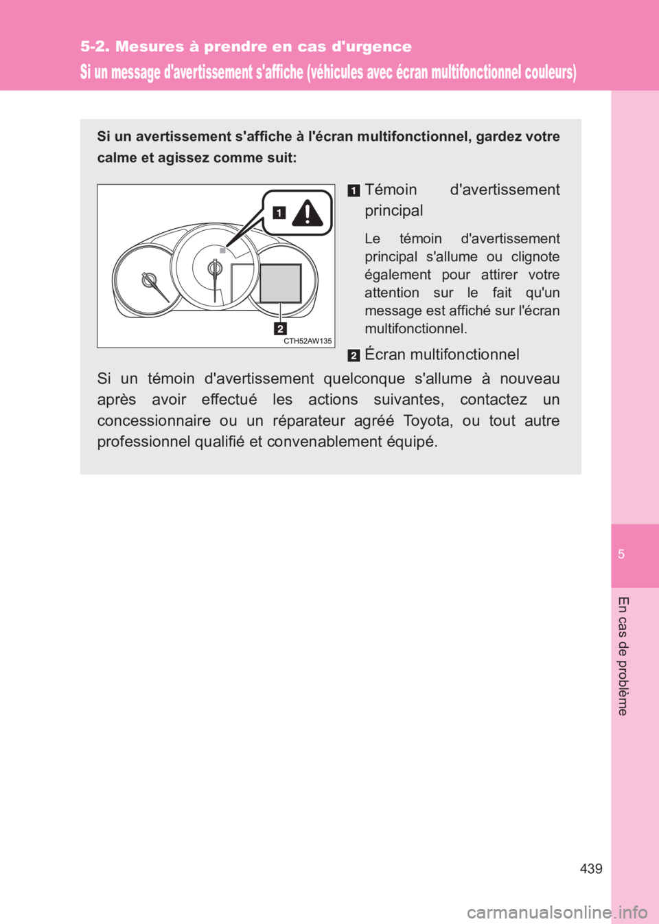 TOYOTA GT86 2017 Notices Demploi (in French) 5
439
5-2. Mesures à prendre en cas durgence
En cas de problème
86_EK (OM18073K)
Si un message daver tissement saffiche (véhicules avec écran multifonctionnel couleurs)
Si un avertissement saf TOYOTA GT86 2017 Notices Demploi (in French) 5
439
5-2. Mesures à prendre en cas durgence
En cas de problème
86_EK (OM18073K)
Si un message daver tissement saffiche (véhicules avec écran multifonctionnel couleurs)
Si un avertissement saf