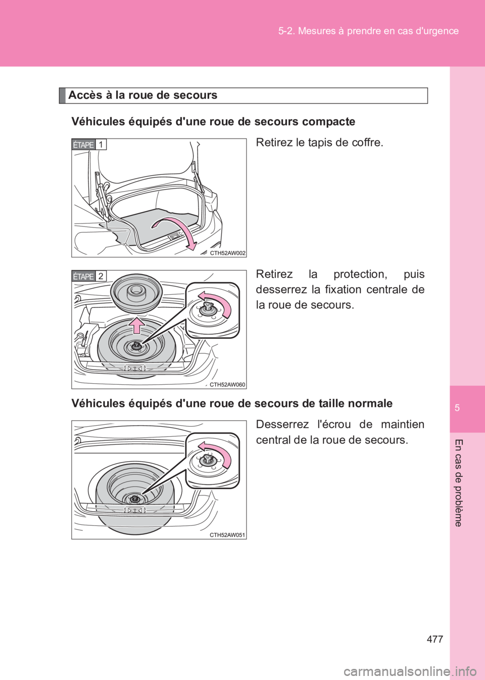 TOYOTA GT86 2017 Notices Demploi (in French) 5
477
5-2. Mesures à prendre en cas durgence
En cas de problème
86_EK (OM18073K)
Accès à la roue de secours
Véhicules équipés dune roue de secours compacte Retirez le tapis de coffre.
Retirez TOYOTA GT86 2017 Notices Demploi (in French) 5
477
5-2. Mesures à prendre en cas durgence
En cas de problème
86_EK (OM18073K)
Accès à la roue de secours
Véhicules équipés dune roue de secours compacte Retirez le tapis de coffre.
Retirez
