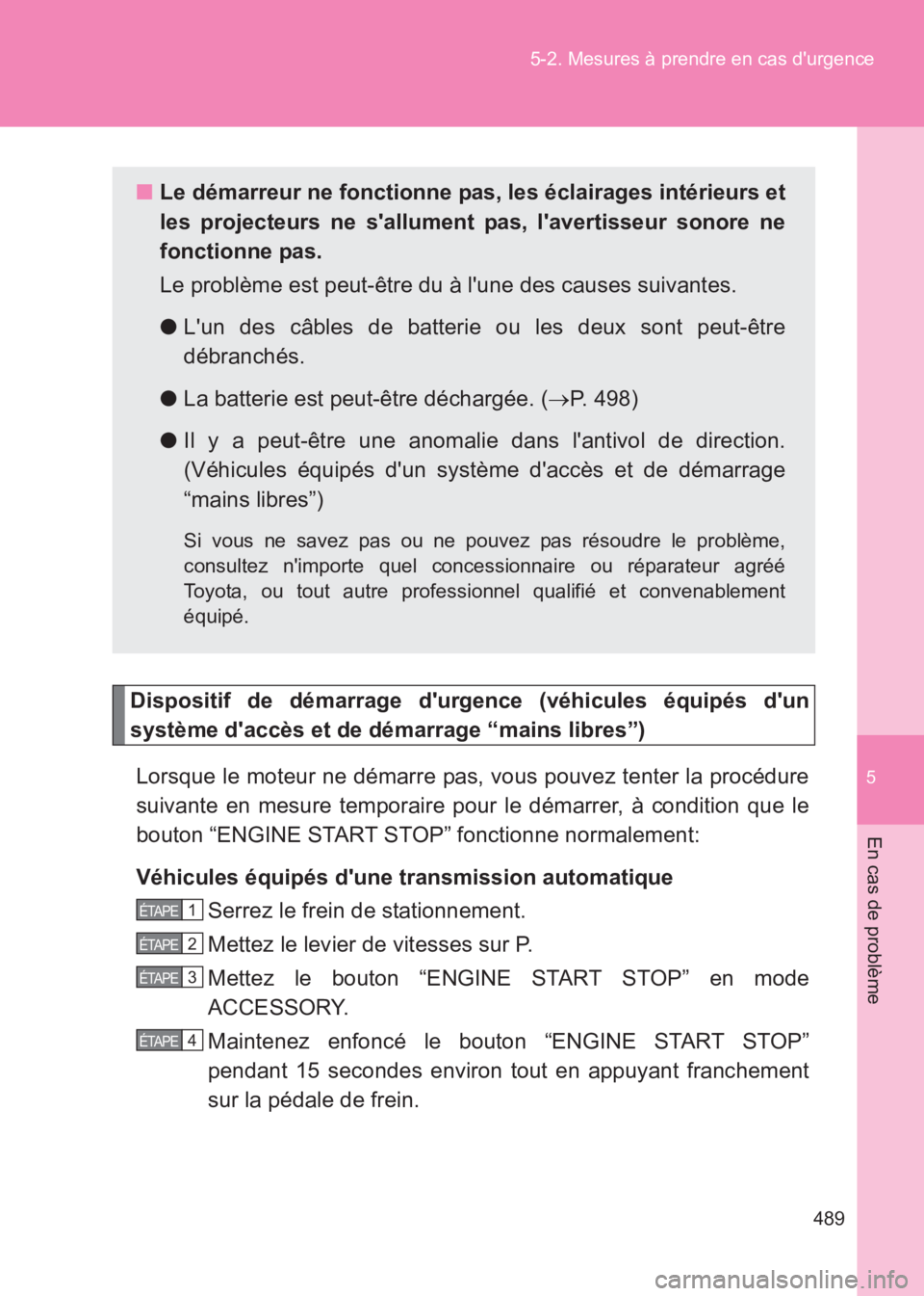 TOYOTA GT86 2017 Notices Demploi (in French) 5
489
5-2. Mesures à prendre en cas durgence
En cas de problème
86_EK (OM18073K)
Dispositif de démarrage durgence (véhicules équipés dun
système daccès et de démarrage “mains libres”) TOYOTA GT86 2017 Notices Demploi (in French) 5
489
5-2. Mesures à prendre en cas durgence
En cas de problème
86_EK (OM18073K)
Dispositif de démarrage durgence (véhicules équipés dun
système daccès et de démarrage “mains libres”)