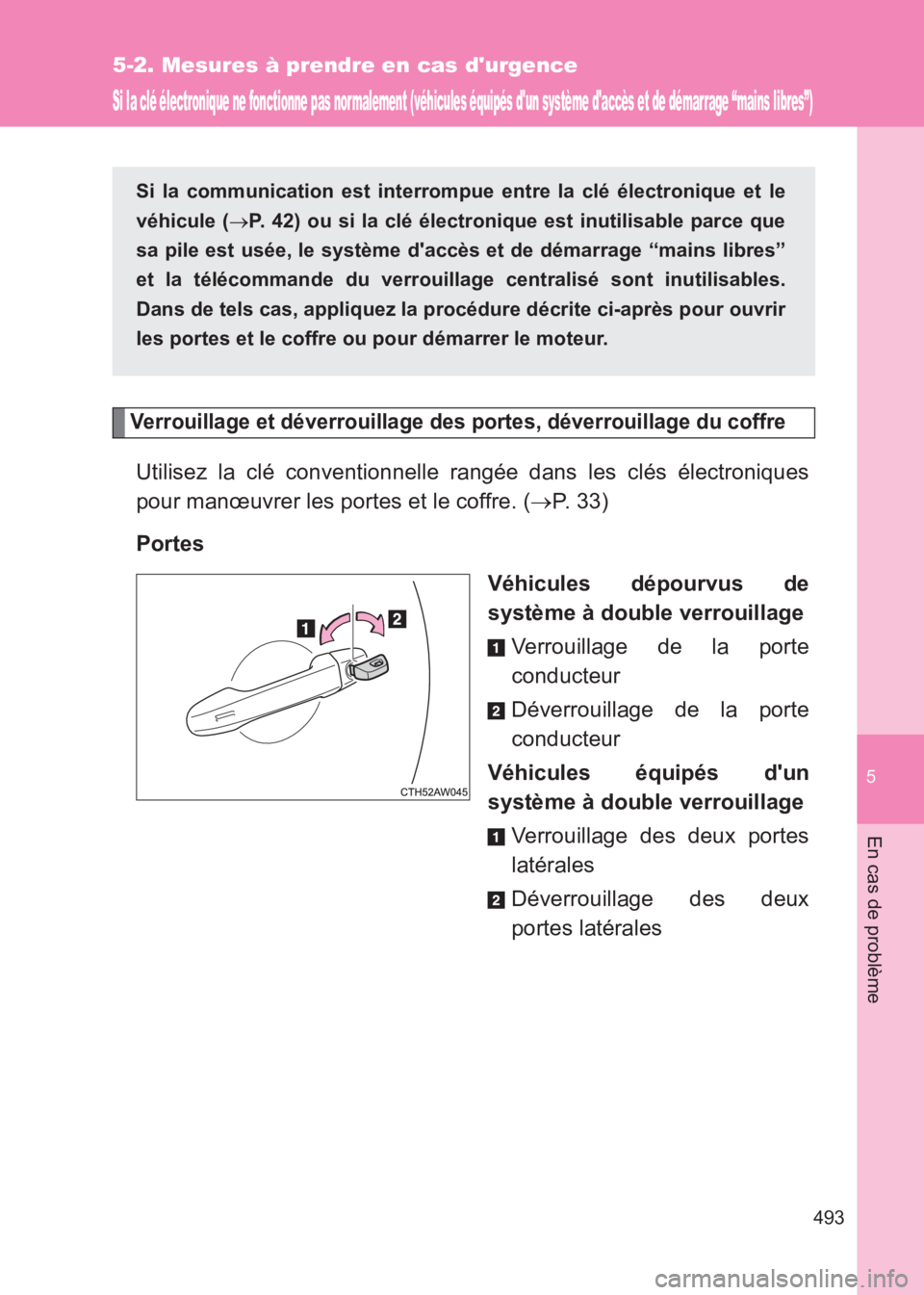 TOYOTA GT86 2017 Notices Demploi (in French) 5
493
5-2. Mesures à prendre en cas durgence
En cas de problème
86_EK (OM18073K)
Si la clé électronique ne fonctionne pas nor malement (véhicules équipés dun système daccès et de démar ra TOYOTA GT86 2017 Notices Demploi (in French) 5
493
5-2. Mesures à prendre en cas durgence
En cas de problème
86_EK (OM18073K)
Si la clé électronique ne fonctionne pas nor malement (véhicules équipés dun système daccès et de démar ra