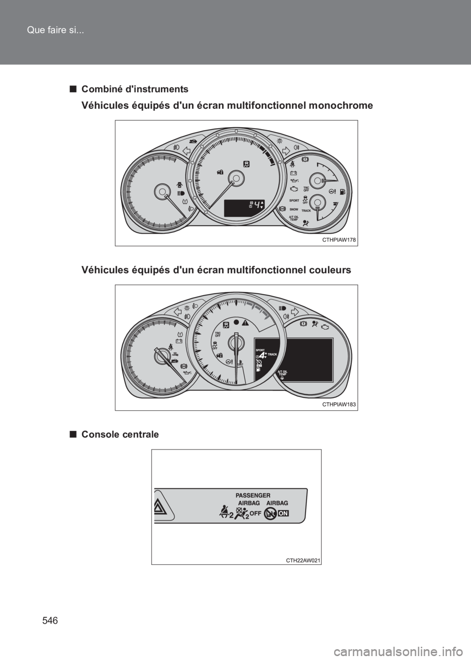TOYOTA GT86 2017 Notices Demploi (in French) 546
Que faire si...
86_EK (OM18073K)
■
Combiné dinstruments
Véhicules équipés dun écran multifonctionnel monochrome
Véhicules équipés dun écran multifonctionnel couleurs
■Console centr TOYOTA GT86 2017 Notices Demploi (in French) 546
Que faire si...
86_EK (OM18073K)
■
Combiné dinstruments
Véhicules équipés dun écran multifonctionnel monochrome
Véhicules équipés dun écran multifonctionnel couleurs
■Console centr