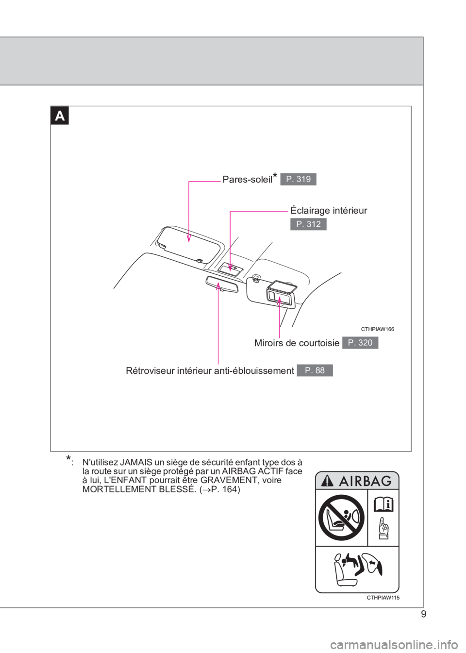 TOYOTA GT86 2017 Notices Demploi (in French) 86_EK (OM18073K)
9
AA
Rétroviseur intérieur anti-éblouissement P. 88
Miroirs de courtoisie P. 320
Pares-soleil* P. 319
Éclairage intérieur
P. 312
*: Nutilisez JAMAIS un siège de sécurité enf TOYOTA GT86 2017 Notices Demploi (in French) 86_EK (OM18073K)
9
AA
Rétroviseur intérieur anti-éblouissement P. 88
Miroirs de courtoisie P. 320
Pares-soleil* P. 319
Éclairage intérieur
P. 312
*: Nutilisez JAMAIS un siège de sécurité enf