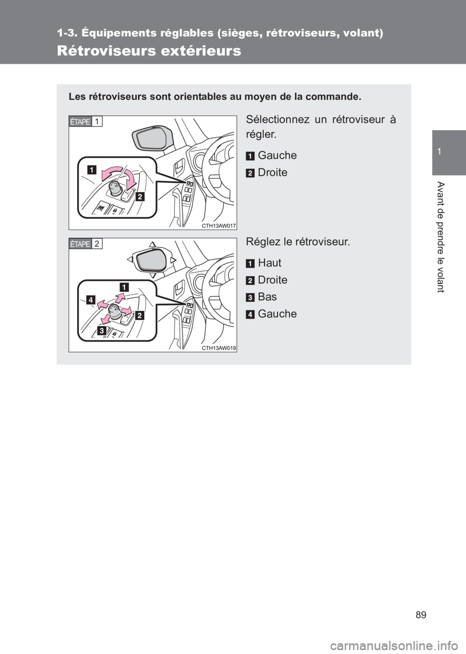 TOYOTA GT86 2017 Notices Demploi (in French) 89
1
1-3. Équipements réglables (sièges, rétroviseurs, volant)
Avant de prendre le volant
86_EK (OM18073K)
Rétroviseurs extérieurs
Les rétroviseurs sont orientables au moyen de la commande.
Sé TOYOTA GT86 2017 Notices Demploi (in French) 89
1
1-3. Équipements réglables (sièges, rétroviseurs, volant)
Avant de prendre le volant
86_EK (OM18073K)
Rétroviseurs extérieurs
Les rétroviseurs sont orientables au moyen de la commande.
Sé