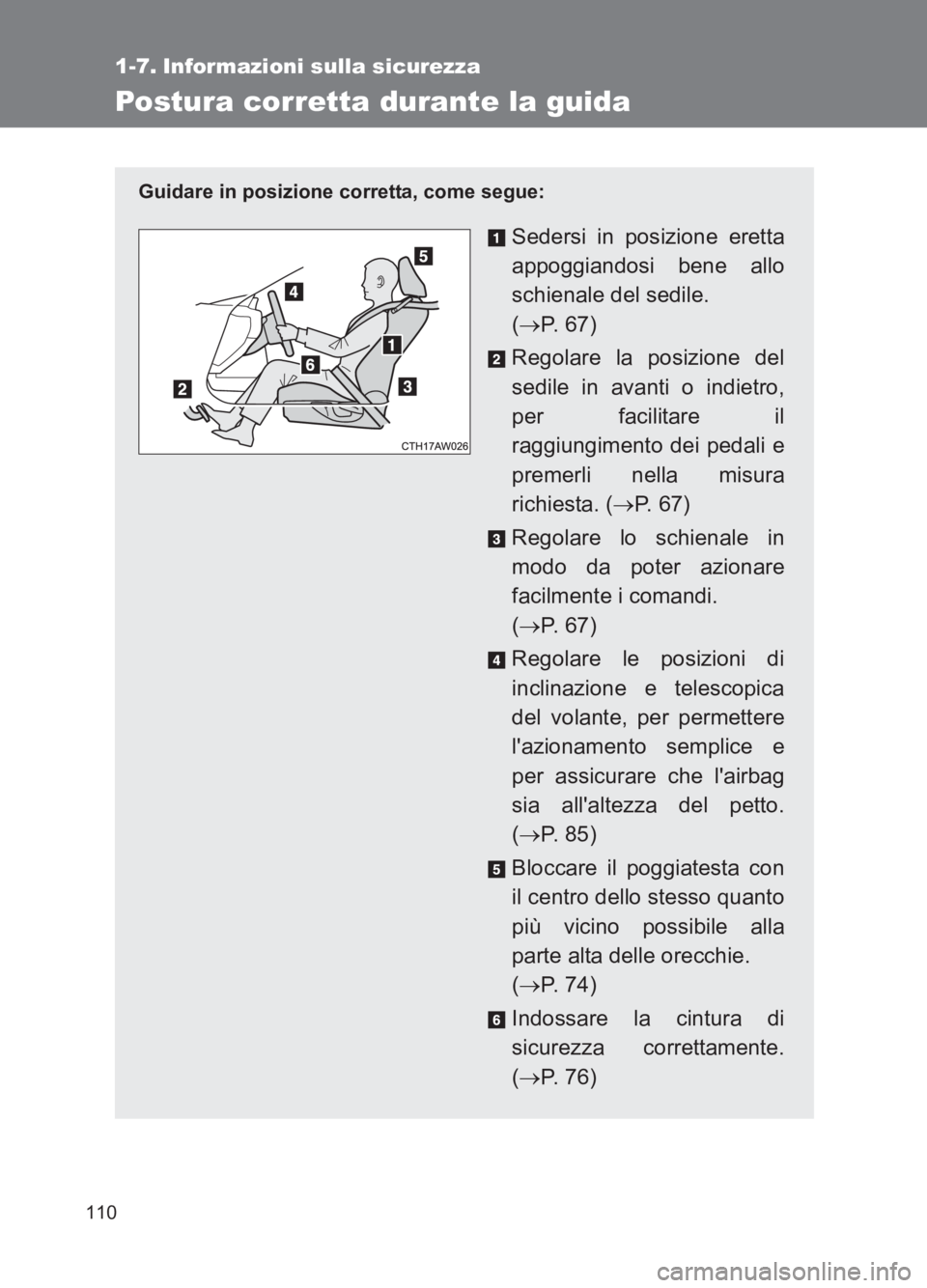 TOYOTA GT86 2017  Manuale duso (in Italian) 110
86_EL (OM18077L)
1-7. Informazioni sulla sicurezza
Postura corretta durante la guida
Guidare in posizione corretta, come segue:
Sedersi in posizione eretta
appoggiandosi bene allo
schienale del se