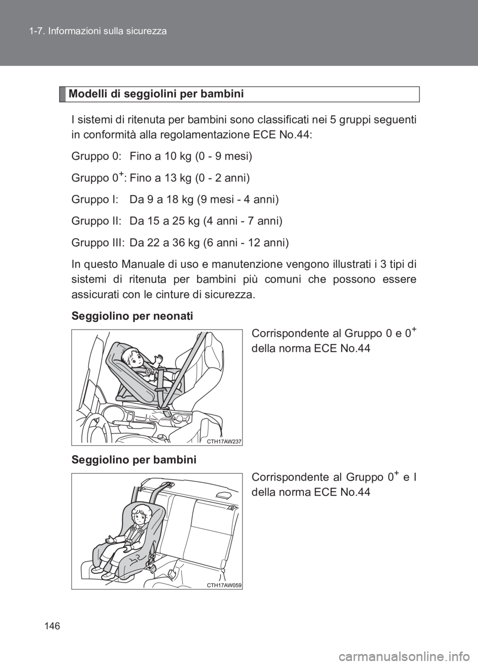 TOYOTA GT86 2017  Manuale duso (in Italian) 146
1-7. Informazioni sulla sicurezza
86_EL (OM18077L)
Modelli di seggiolini per bambini
I sistemi di ritenuta per bambini sono classificati nei 5 gruppi seguenti
in conformità alla regolamentazione 