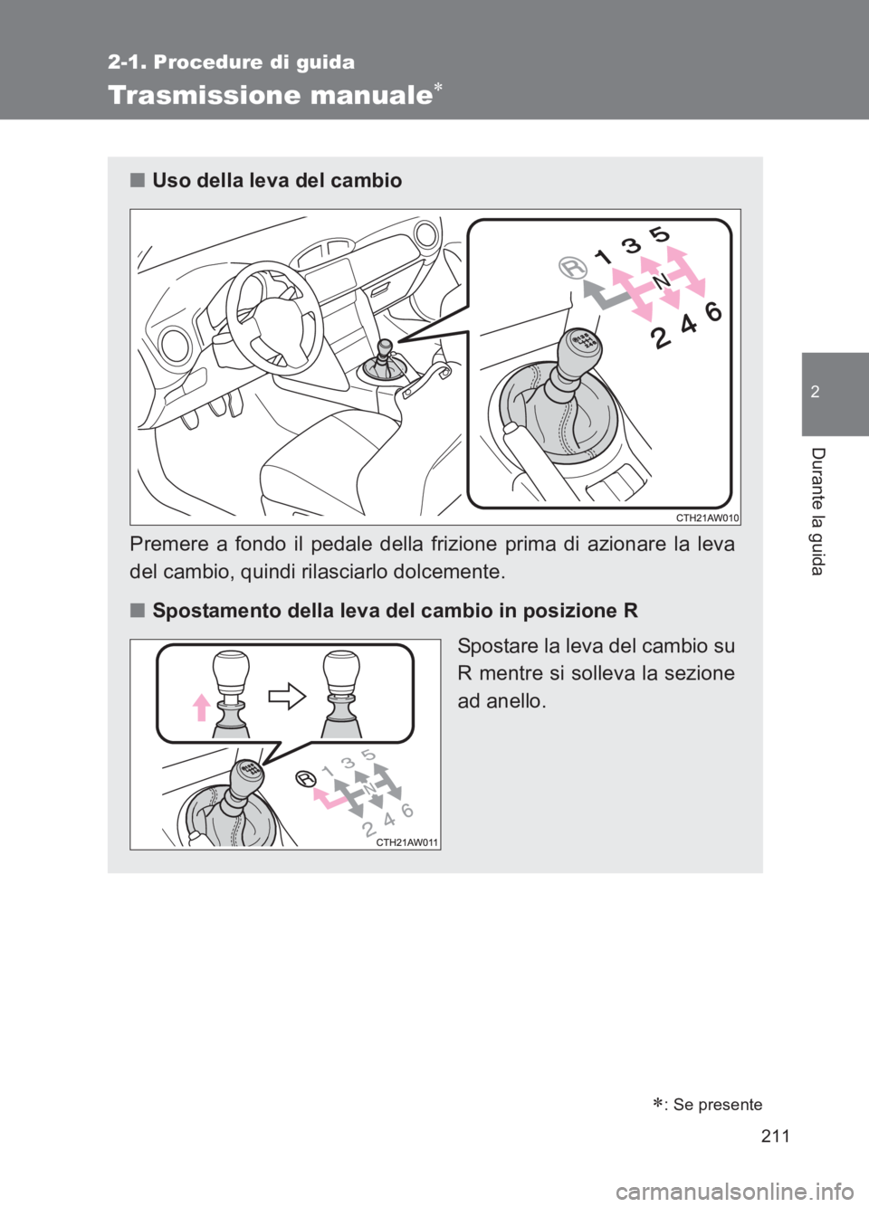 TOYOTA GT86 2017  Manuale duso (in Italian) 211
2-1. Procedure di guida
2
Durante la guida
86_EL (OM18077L)
Trasmissione manuale∗
∗: Se presente
■Uso della leva del cambio
Premere a fondo il pedale della frizione prima di azionare la leva