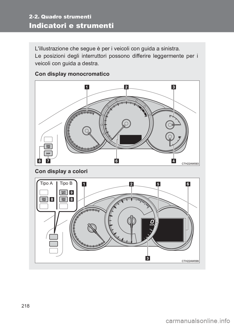 TOYOTA GT86 2017  Manuale duso (in Italian) 218
86_EL (OM18077L)
2-2. Quadro strumenti
Indicatori e strumenti
Lillustrazione che segue è per i veicoli con guida a sinistra. 
Le posizioni degli interruttori possono differire leggermente per i

