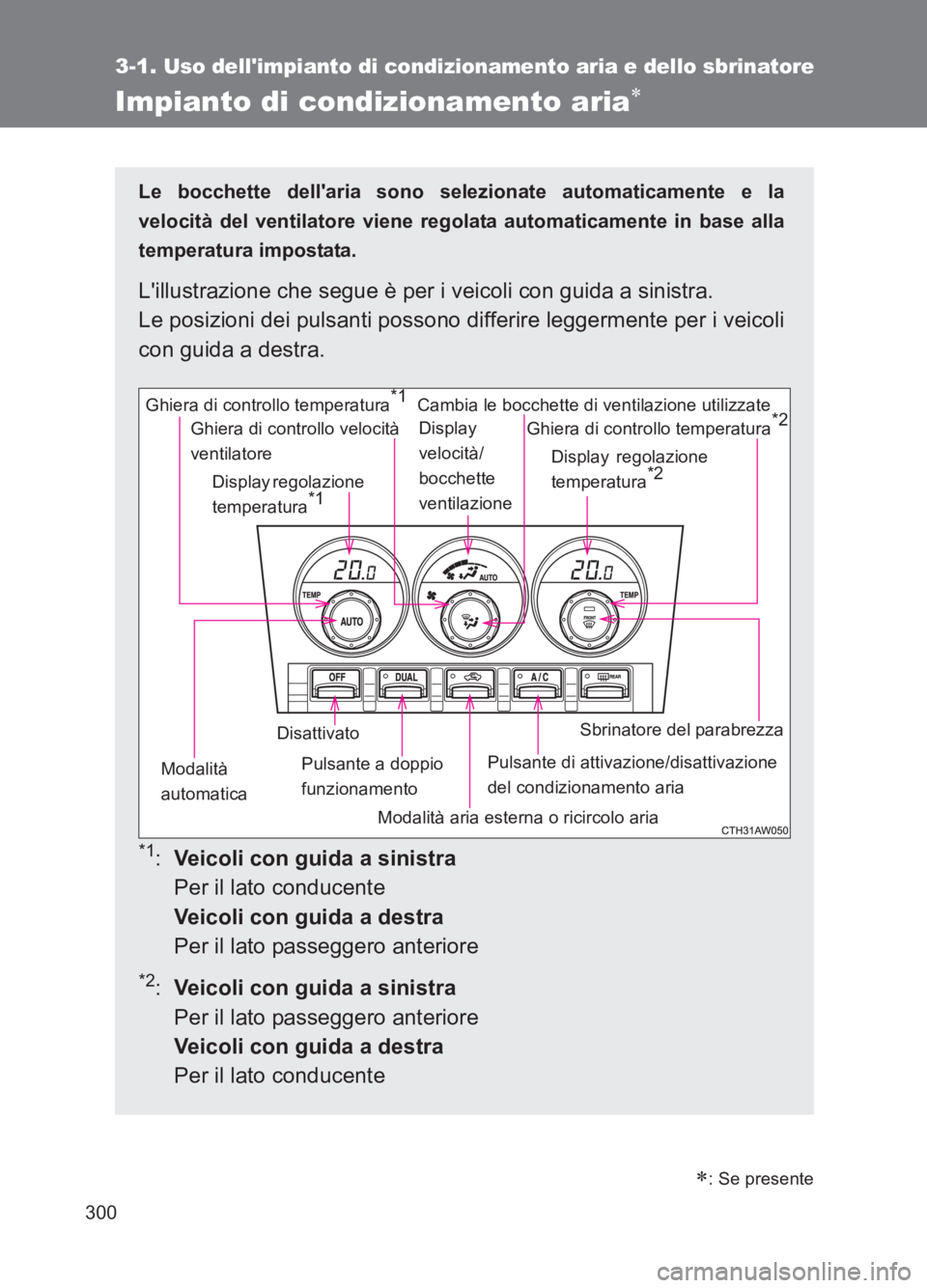 TOYOTA GT86 2017 Manuale duso (in Italian) 300
3-1. Uso dellimpianto di condizionamento aria e dello sbrinatore
86_EL (OM18077L)
Impianto di condizionamento aria∗
Le bocchette dellaria sono selezionate automaticamente e la
velocità del ve TOYOTA GT86 2017 Manuale duso (in Italian) 300
3-1. Uso dellimpianto di condizionamento aria e dello sbrinatore
86_EL (OM18077L)
Impianto di condizionamento aria∗
Le bocchette dellaria sono selezionate automaticamente e la
velocità del ve