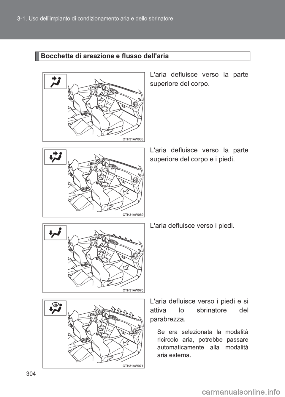 TOYOTA GT86 2017 Manuale duso (in Italian) 304
3-1.
Uso dellimpianto di condizionamento aria e dello sbrinatore
86_EL (OM18077L)
Bocchette di areazione e flusso dellaria
Laria defluisce verso la parte
superiore del corpo.
Laria defluisce TOYOTA GT86 2017 Manuale duso (in Italian) 304
3-1.
Uso dellimpianto di condizionamento aria e dello sbrinatore
86_EL (OM18077L)
Bocchette di areazione e flusso dellaria
Laria defluisce verso la parte
superiore del corpo.
Laria defluisce