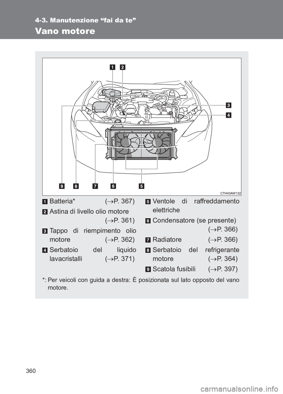 TOYOTA GT86 2017 Manuale duso (in Italian) 360
4-3. Manutenzione “fai da te”
86_EL (OM18077L)
Vano motore
*: Per veicoli con guida a destra: È posizionata sul lato opposto del vanomotore.
Batteria* ( →P. 367)
Astina di livello olio moto TOYOTA GT86 2017 Manuale duso (in Italian) 360
4-3. Manutenzione “fai da te”
86_EL (OM18077L)
Vano motore
*: Per veicoli con guida a destra: È posizionata sul lato opposto del vanomotore.
Batteria* ( →P. 367)
Astina di livello olio moto