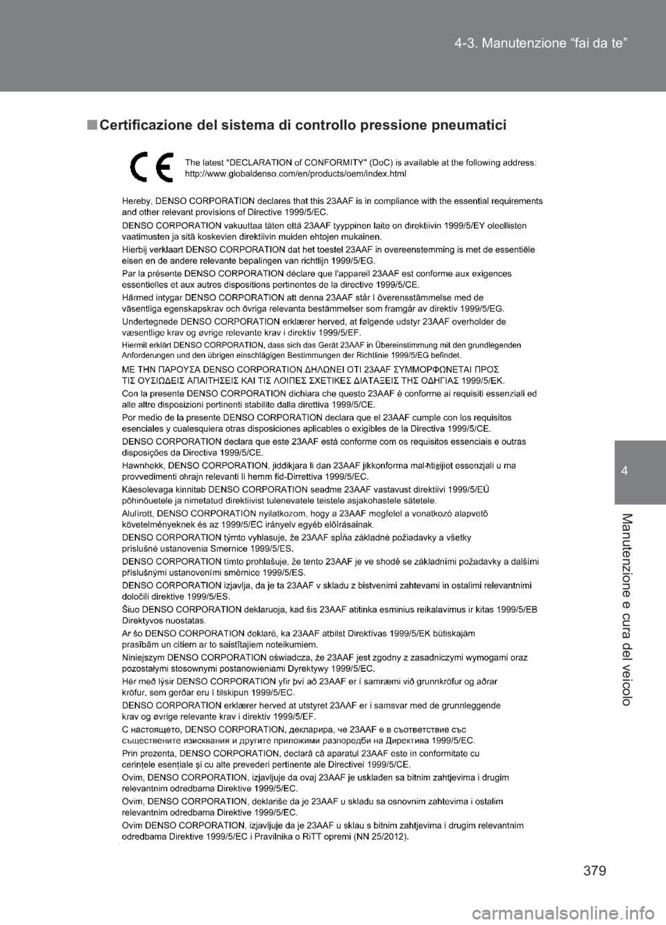 TOYOTA GT86 2017 Manuale duso (in Italian) 379
4-3. Manutenzione “fai da te”
4
Manutenzione e cura del veicolo
86_EL (OM18077L)
■
Certificazione del sistema di controllo pressione pneumatici TOYOTA GT86 2017 Manuale duso (in Italian) 379
4-3. Manutenzione “fai da te”
4
Manutenzione e cura del veicolo
86_EL (OM18077L)
■
Certificazione del sistema di controllo pressione pneumatici