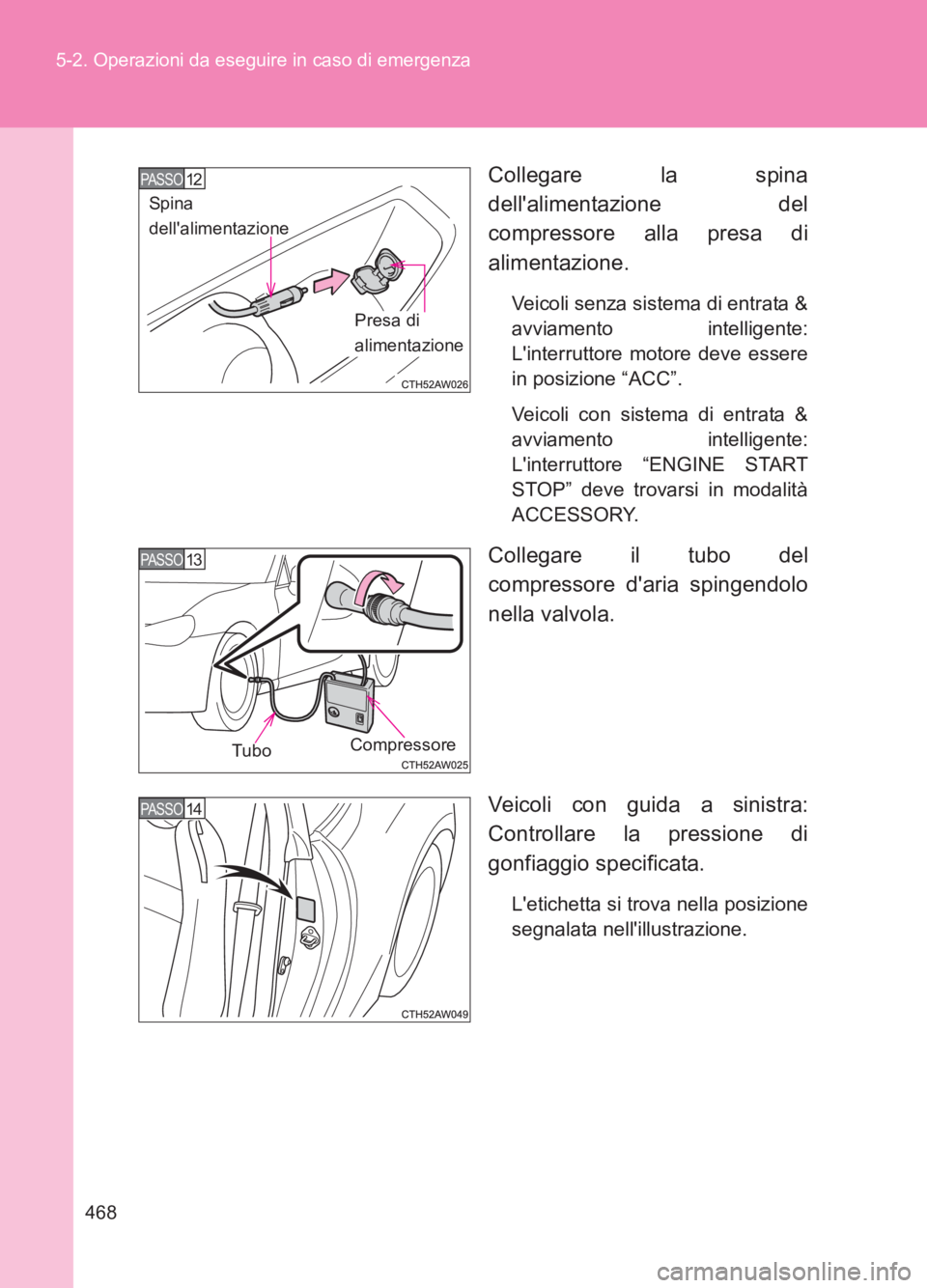 TOYOTA GT86 2017 Manuale duso (in Italian) 468
5-2. Operazioni da eseguire in caso di emergenza
86_EL (OM18077L)
Collegare la spina
dellalimentazione del
compressore alla presa di
alimentazione.
Veicoli senza sistema di entrata &
avviamento i TOYOTA GT86 2017 Manuale duso (in Italian) 468
5-2. Operazioni da eseguire in caso di emergenza
86_EL (OM18077L)
Collegare la spina
dellalimentazione del
compressore alla presa di
alimentazione.
Veicoli senza sistema di entrata &
avviamento i