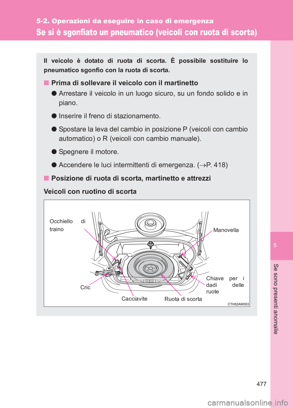 TOYOTA GT86 2017  Manuale duso (in Italian) 5
477
5-2. Operazioni da eseguire in caso di emergenza
Se sono presenti anomalie
86_EL (OM18077L)
Se si è sgonfiato un pneumatico (veicoli con ruota di scor ta)
Il veicolo è dotato di ruota di scort