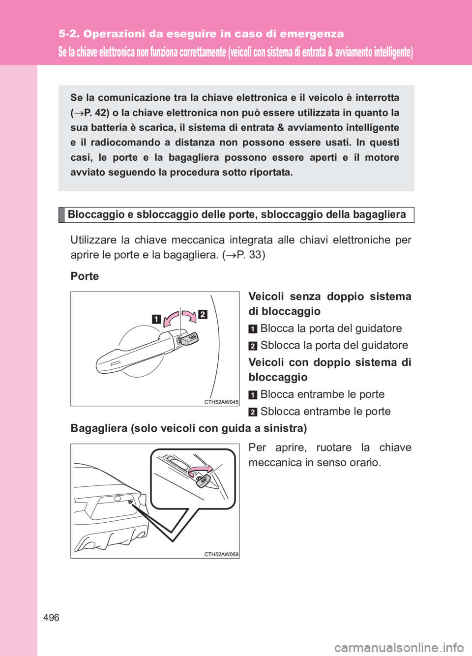 TOYOTA GT86 2017  Manuale duso (in Italian) 496
5-2. Operazioni da eseguire in caso di emergenza
86_EL (OM18077L)
Se la chiave elettronica non funziona cor rettamente (veicoli con sistema di entrata & avviamento intelligente)
Bloccaggio e sbloc