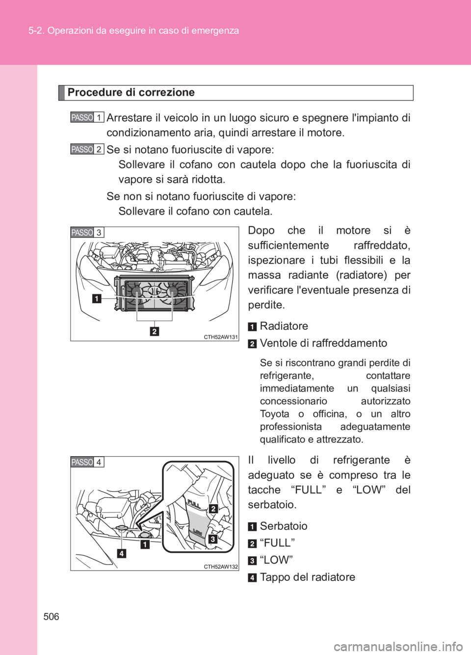 TOYOTA GT86 2017 Manuale duso (in Italian) 506
5-2. Operazioni da eseguire in caso di emergenza
86_EL (OM18077L)
Procedure di correzione
Arrestare il veicolo in un luogo sicuro e spegnere limpianto di
condizionamento aria, quindi arrestare il TOYOTA GT86 2017 Manuale duso (in Italian) 506
5-2. Operazioni da eseguire in caso di emergenza
86_EL (OM18077L)
Procedure di correzione
Arrestare il veicolo in un luogo sicuro e spegnere limpianto di
condizionamento aria, quindi arrestare il