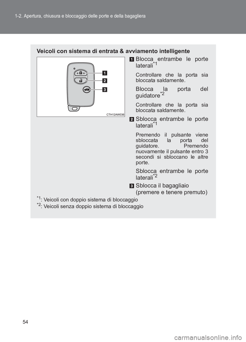 TOYOTA GT86 2017 Manuale duso (in Italian) 54
1-2. Apertura, chiusura e bloccaggio delle porte e della bagagliera
86_EL (OM18077L)
Veicoli con sistema di entrata & avviamento intelligenteBlocca entrambe le porte
laterali
*1
Controllare che la TOYOTA GT86 2017 Manuale duso (in Italian) 54
1-2. Apertura, chiusura e bloccaggio delle porte e della bagagliera
86_EL (OM18077L)
Veicoli con sistema di entrata & avviamento intelligenteBlocca entrambe le porte
laterali
*1
Controllare che la