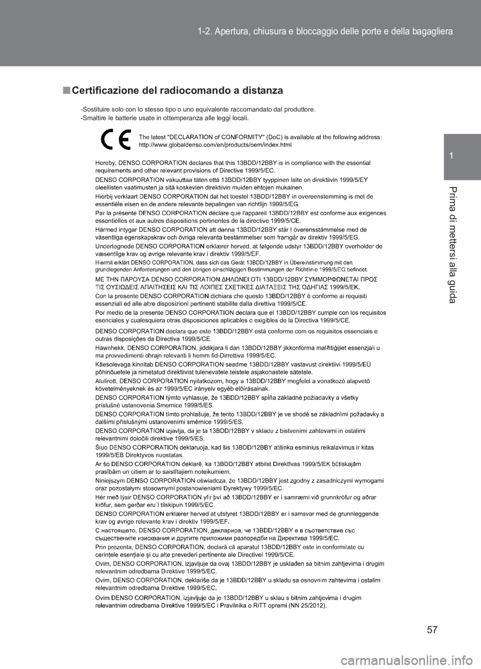 TOYOTA GT86 2017 Manuale duso (in Italian) 57
1-2. Apertura, chiusura e bloccaggio delle porte e della bagagliera
1
Prima di mettersi alla guida
86_EL (OM18077L)
■Certificazione del radiocomando a distanza
-Sostituire solo con lo stesso tipo TOYOTA GT86 2017 Manuale duso (in Italian) 57
1-2. Apertura, chiusura e bloccaggio delle porte e della bagagliera
1
Prima di mettersi alla guida
86_EL (OM18077L)
■Certificazione del radiocomando a distanza
-Sostituire solo con lo stesso tipo