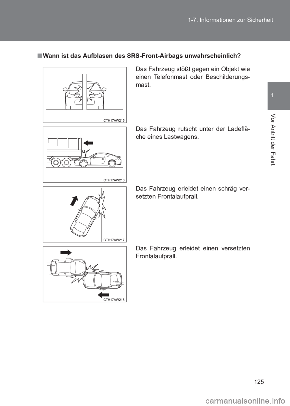 TOYOTA GT86 2017  Betriebsanleitungen (in German) 125
1-7. Informationen zur Sicherheit
1
Vor Antritt der Fahrt
86_EM (OM18074M)
■
Wann ist das Aufblasen des SRS-Front-Airbags unwahrscheinlich?
Das Fahrzeug stößt gegen ein Objekt wie
einen Telefo