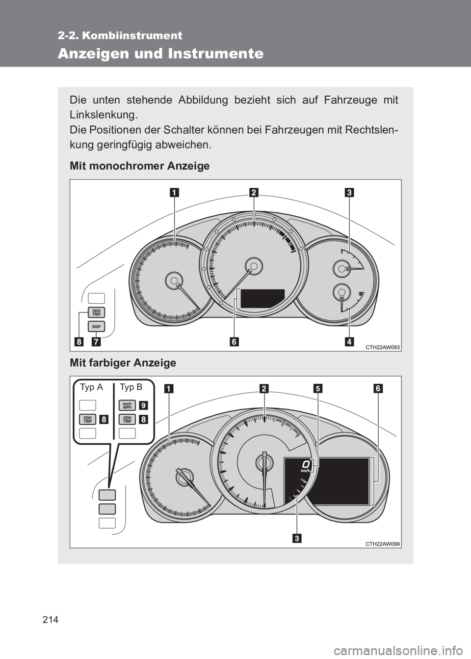 TOYOTA GT86 2017  Betriebsanleitungen (in German) 214
86_EM (OM18074M)
2-2. Kombiinstrument
Anzeigen und Instrumente
Die unten stehende Abbildung bezieht sich auf Fahrzeuge mit
Linkslenkung. 
Die Positionen der Schalter können bei Fahrzeugen mit Rec