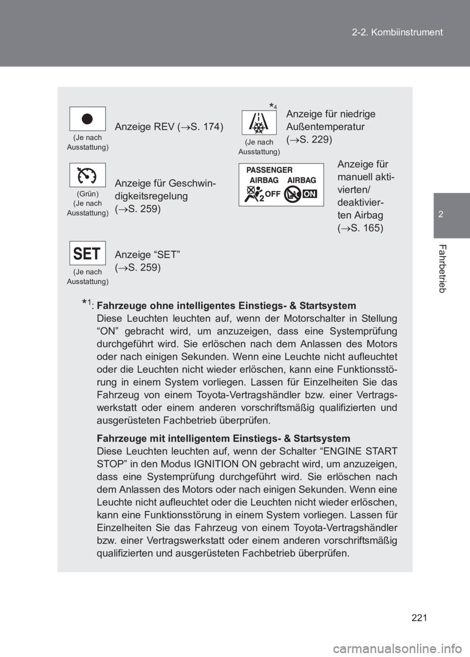 TOYOTA GT86 2017  Betriebsanleitungen (in German) 221
2-2. Kombiinstrument
2
Fahrbetrieb
86_EM (OM18074M)
*1:
Fahrzeuge ohne intelligentes Einstiegs- & Startsystem  
Diese Leuchten leuchten auf, wenn der Motorschalter in Stellung
“ON” gebracht wi