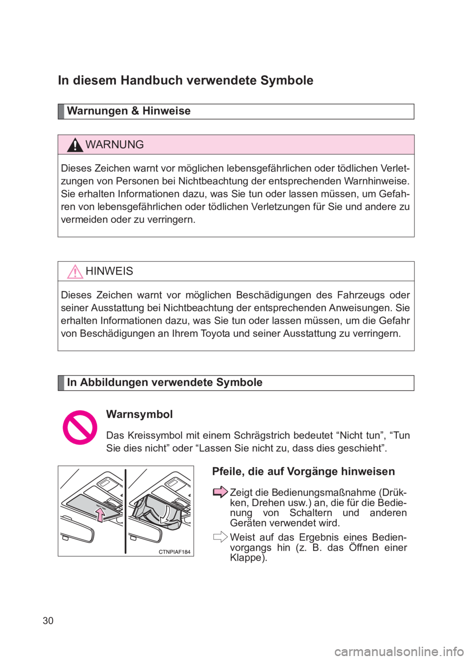 TOYOTA GT86 2017 Betriebsanleitungen (in German) 86_EM (OM18074M)
30
In diesem Handbuch verwendete Symbole
Warnungen & Hinweise
In Abbildungen verwendete Symbole
WARNUNG
Dieses Zeichen warnt vor möglichen lebensgefährlichen oder tödlichen Verlet TOYOTA GT86 2017 Betriebsanleitungen (in German) 86_EM (OM18074M)
30
In diesem Handbuch verwendete Symbole
Warnungen & Hinweise
In Abbildungen verwendete Symbole
WARNUNG
Dieses Zeichen warnt vor möglichen lebensgefährlichen oder tödlichen Verlet