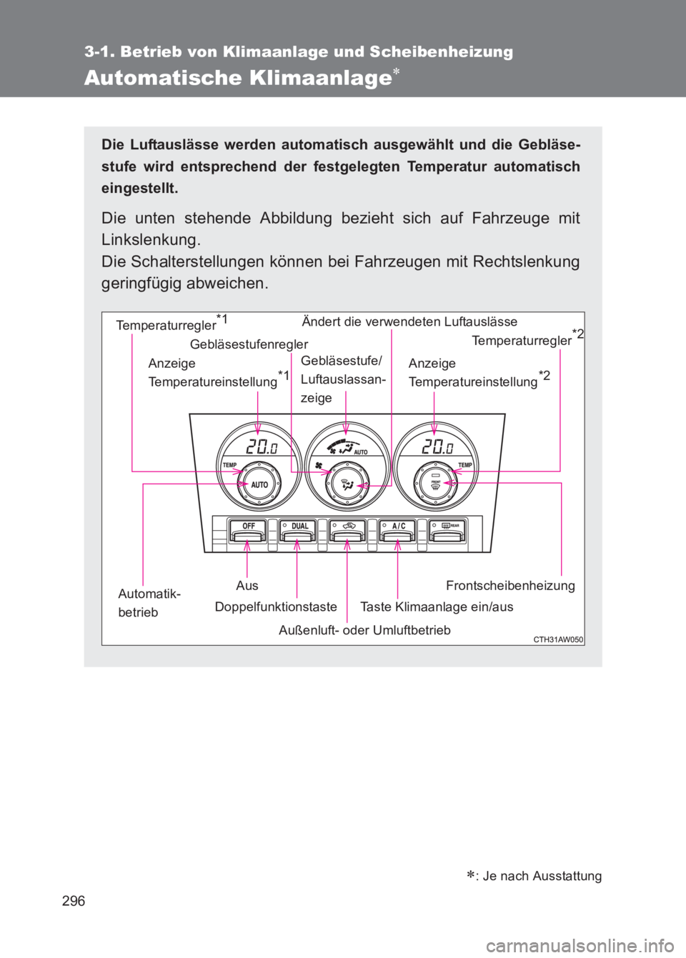 TOYOTA GT86 2017 Betriebsanleitungen (in German) 296
3-1. Betrieb von Klimaanlage und Scheibenheizung
86_EM (OM18074M)
Automatische Klimaanlage∗
Die Luftauslässe werden automatisch ausgewählt und die Gebläse-
stufe wird entsprechend der festgel TOYOTA GT86 2017 Betriebsanleitungen (in German) 296
3-1. Betrieb von Klimaanlage und Scheibenheizung
86_EM (OM18074M)
Automatische Klimaanlage∗
Die Luftauslässe werden automatisch ausgewählt und die Gebläse-
stufe wird entsprechend der festgel