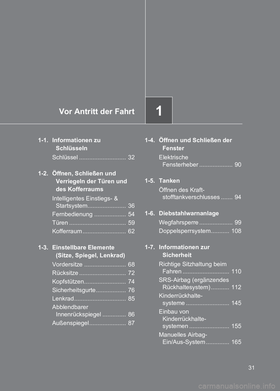 TOYOTA GT86 2017  Betriebsanleitungen (in German) 1Vor Antritt der Fahrt
31
86_EM (OM18074M)
1-1. Informationen zu Schlüsseln
Schlüssel ............................  32
1-2. Öffnen, Schließen und  Verriegeln der Türen und 
des Kofferraums
Intell